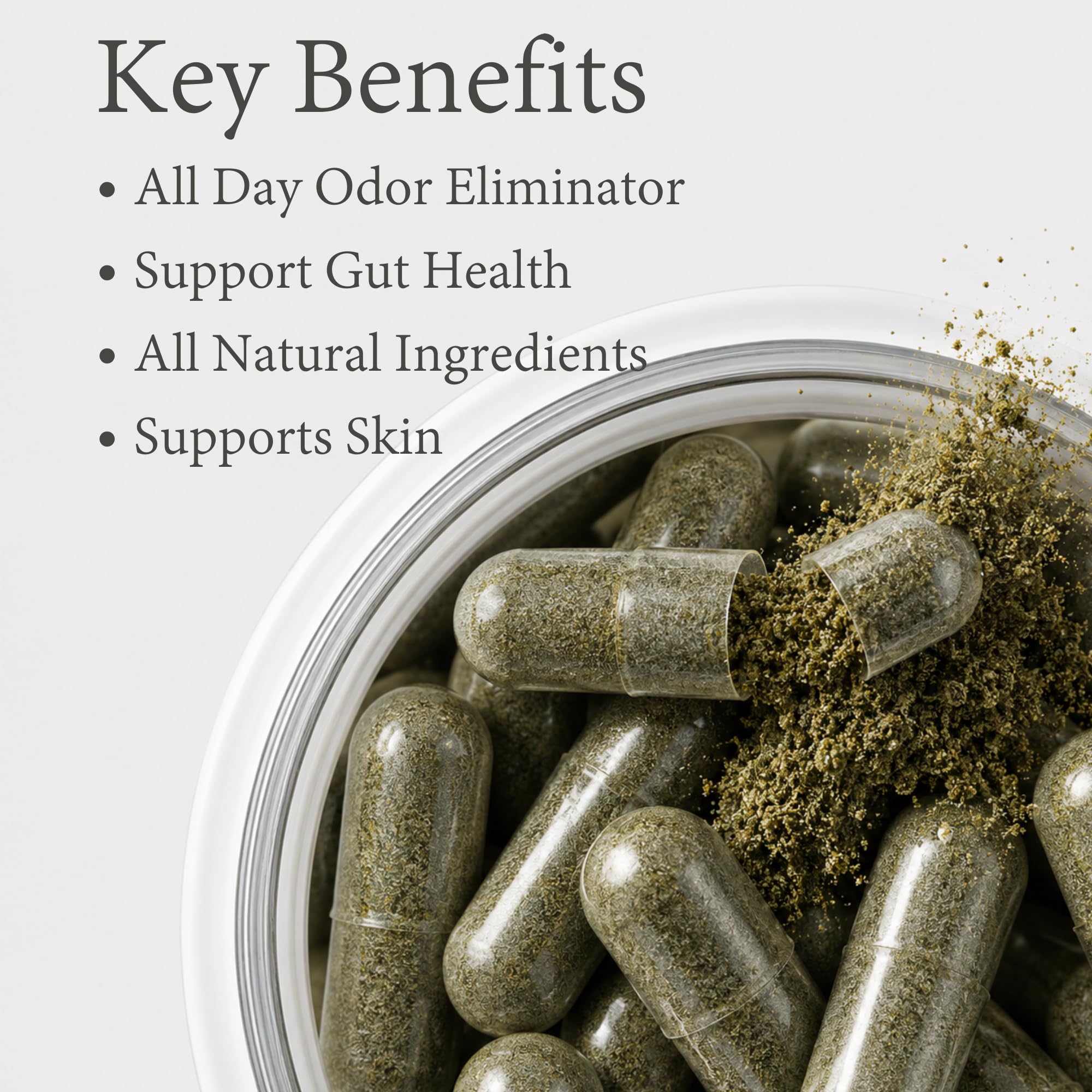 BodyBreeze Chlorophyll Capsules on a wooden table