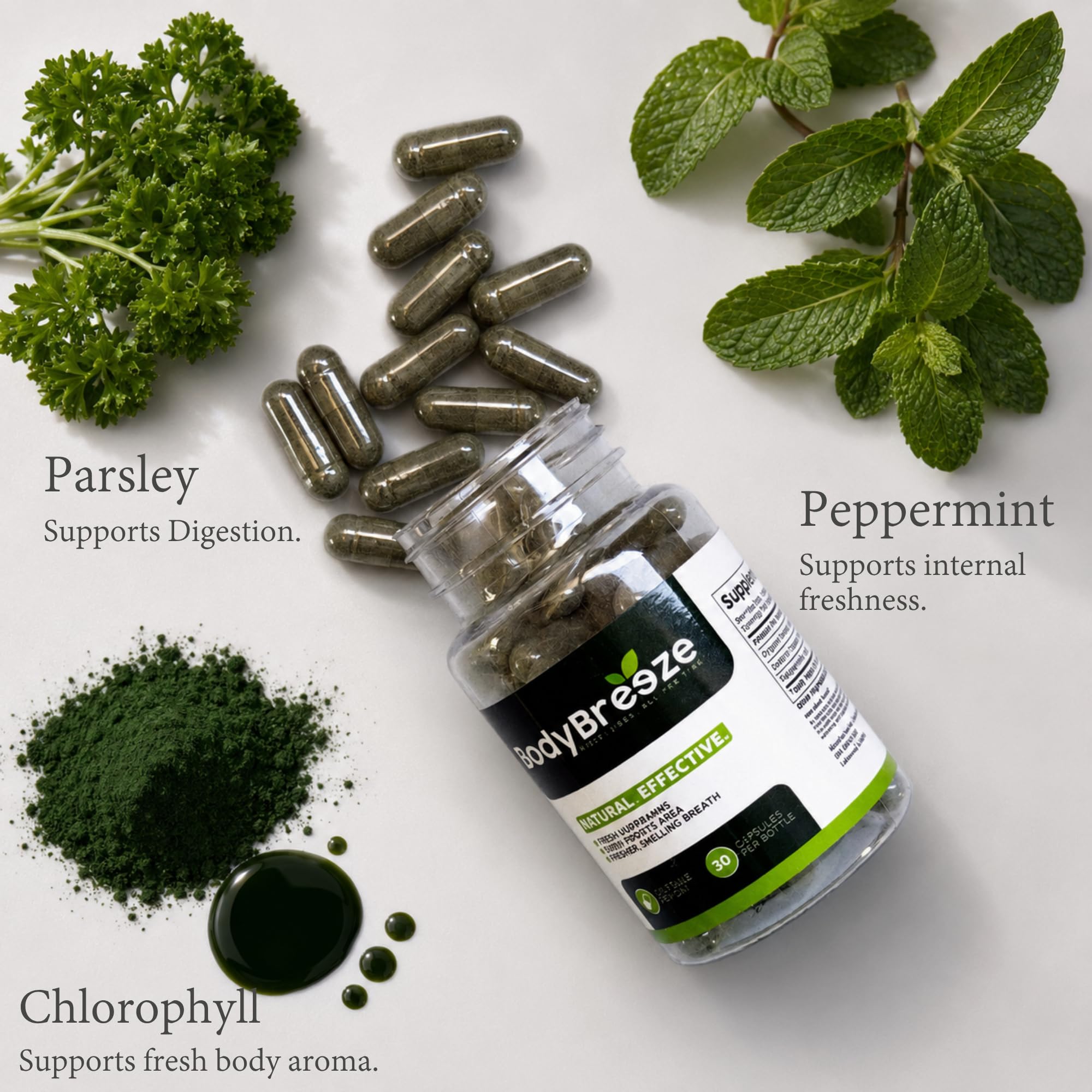 BodyBreeze Chlorophyll Capsules opened bottle showing capsules