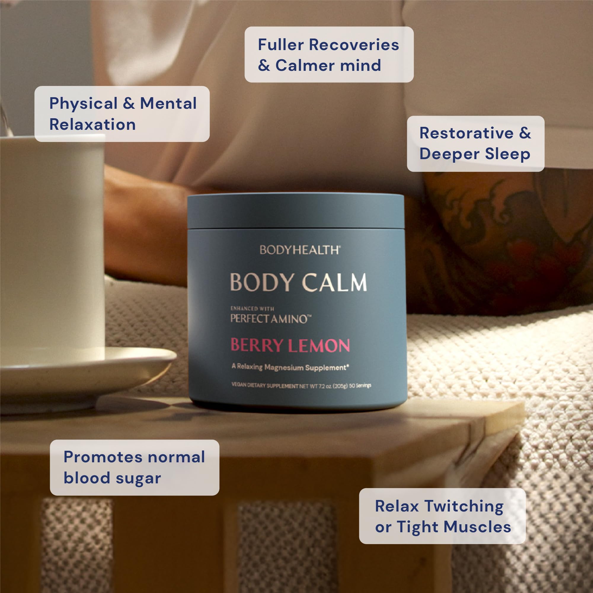 BodyHealth Calm Perfect Amino Magnesium Drink 227g powder in a glass