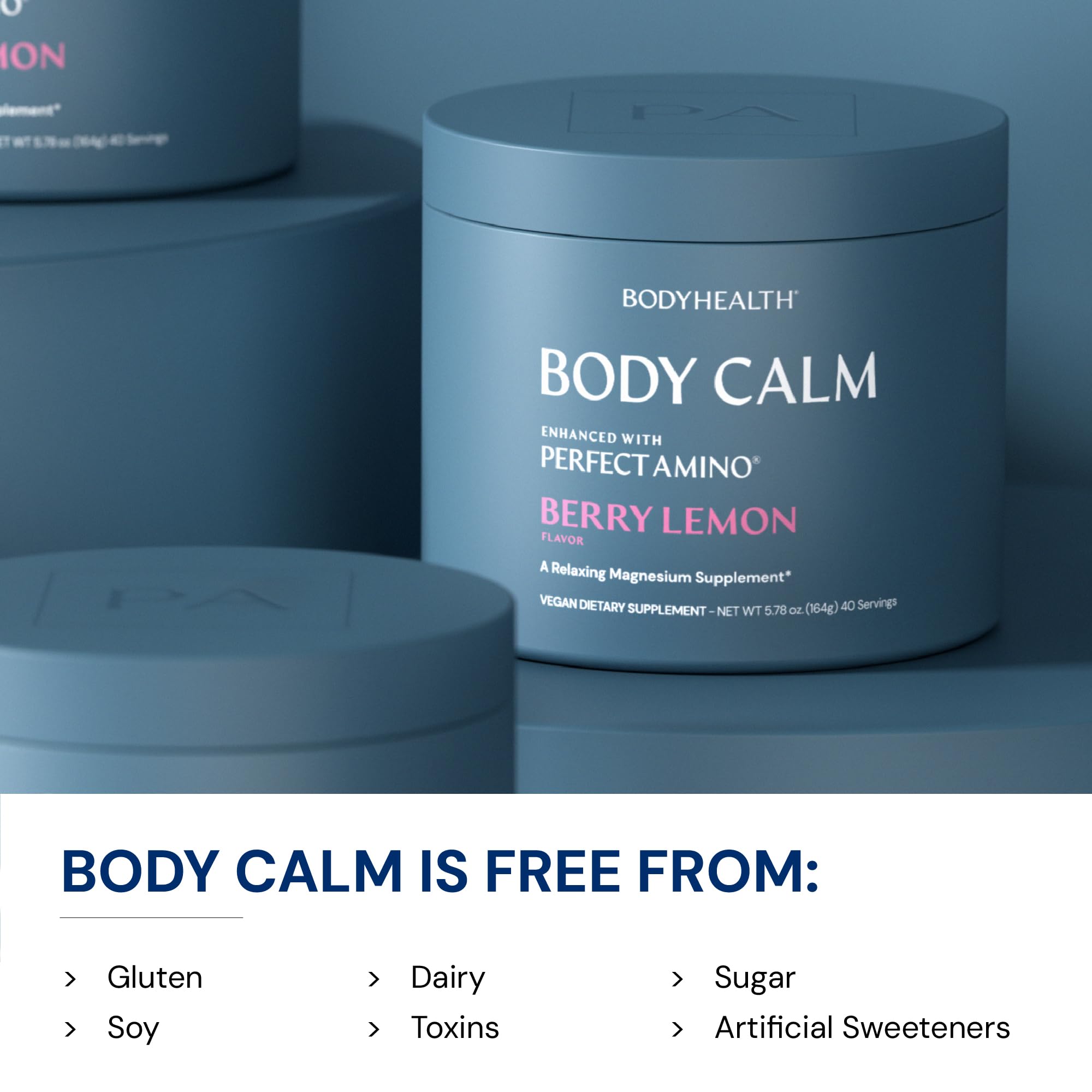 BodyHealth Calm Perfect Amino Magnesium Drink 227g scoop next to powder