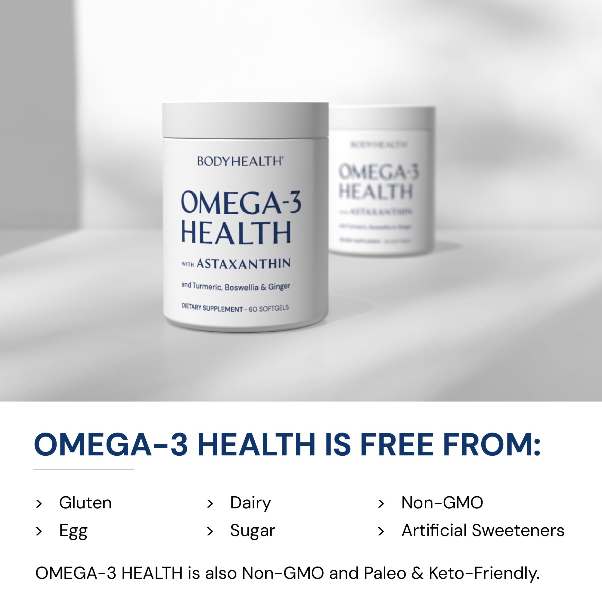 BodyHealth Omega-3 Fish Oil Capsules with turmeric and ginger ingredients