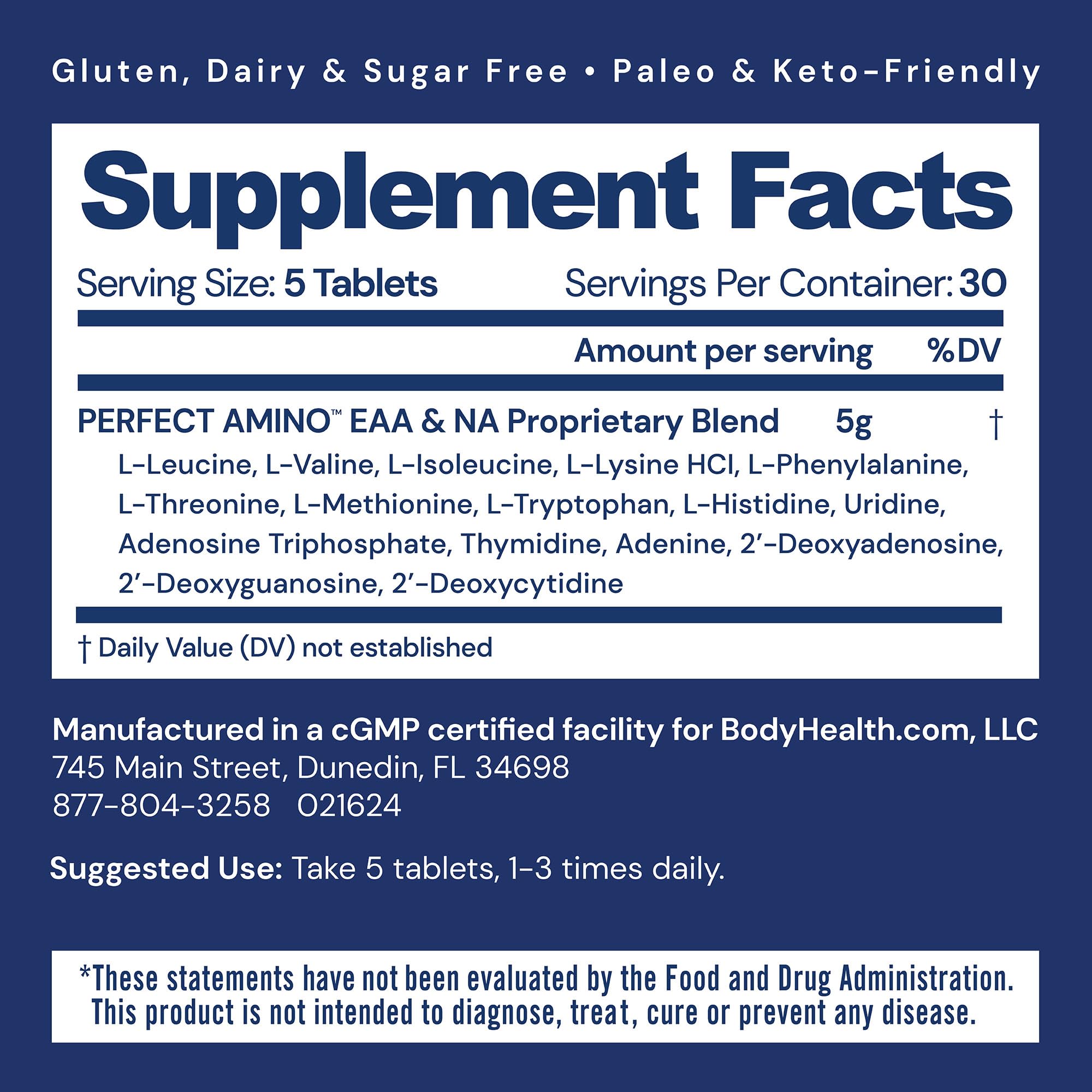 BodyHealth Perfect Amino BCAAs 190g tablet bottle side view