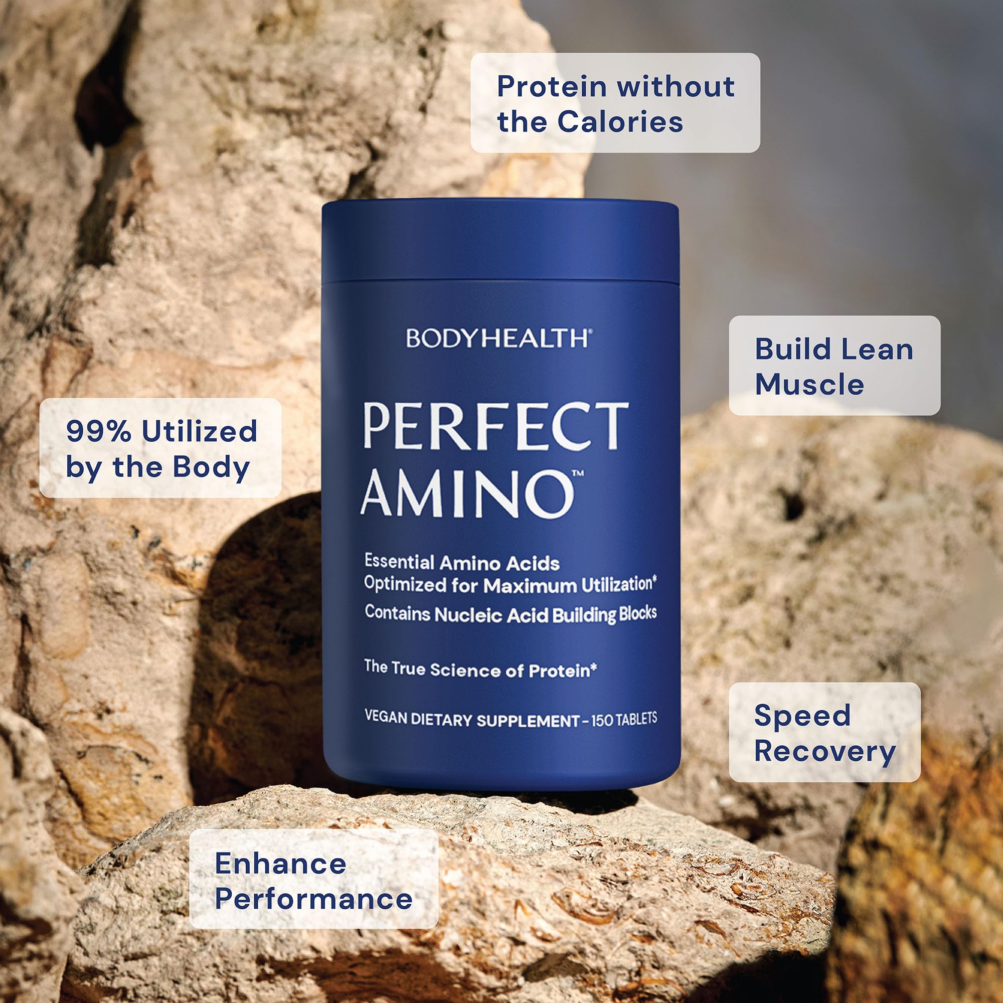 BodyHealth Perfect Amino BCAAs 190g tablets on a wooden surface