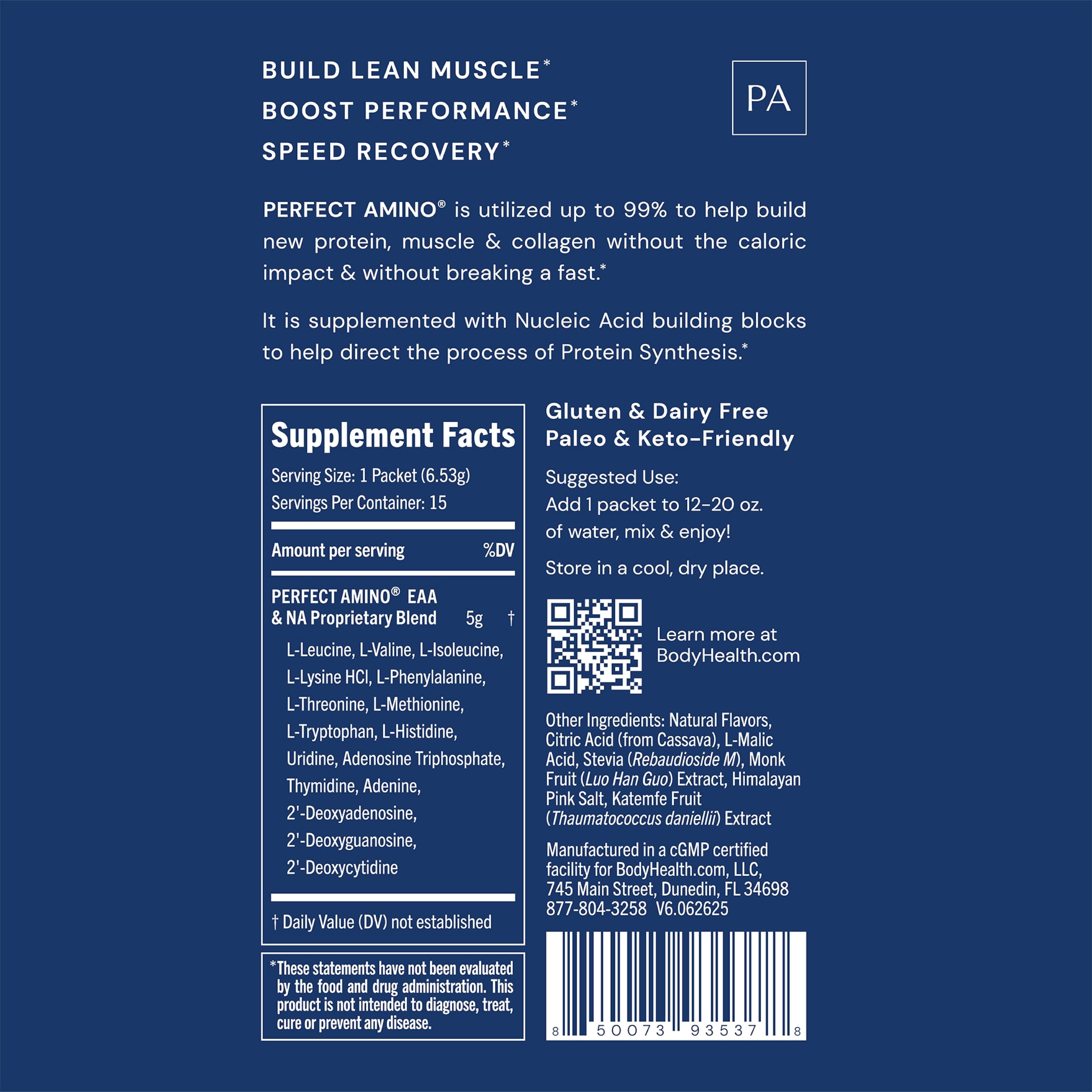 BodyHealth Perfect Amino Powder 132g packaging side view