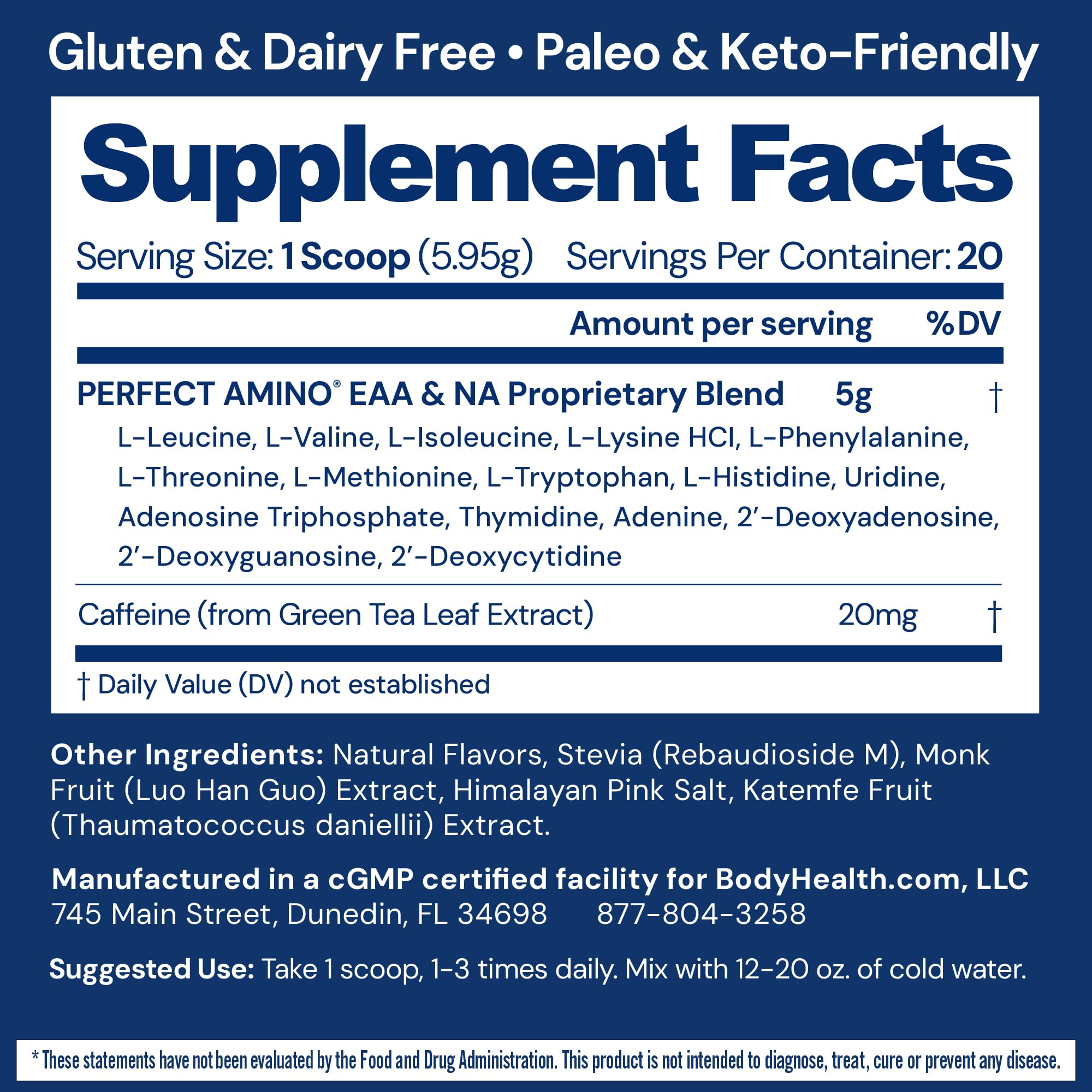 BodyHealth Perfect Amino Powder 181g packaging side view