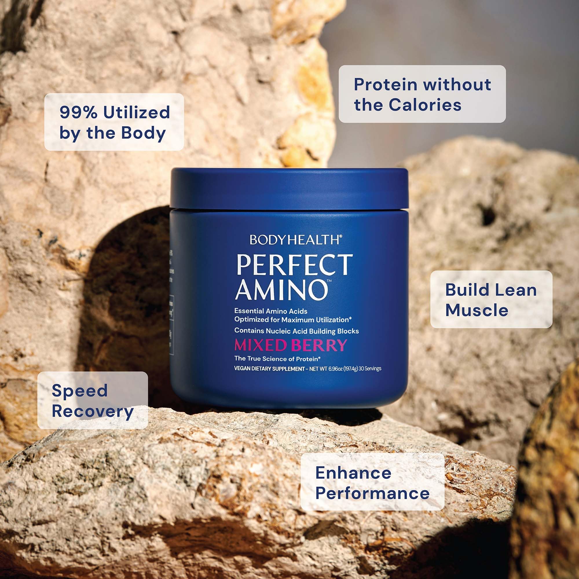 BodyHealth Perfect Amino Powder 196g scoop and powder