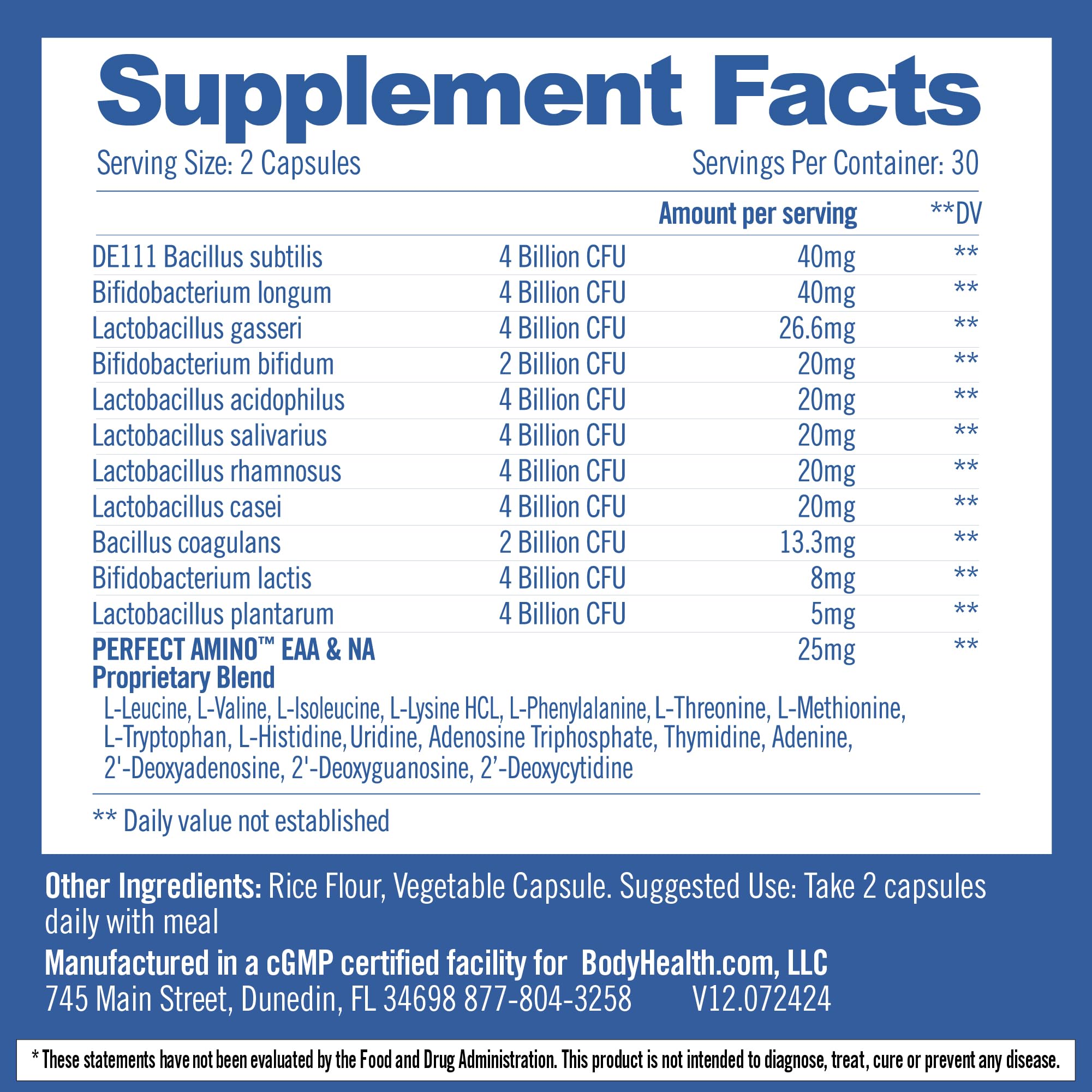 BodyHealth Probiotic Capsules side view showing ingredients