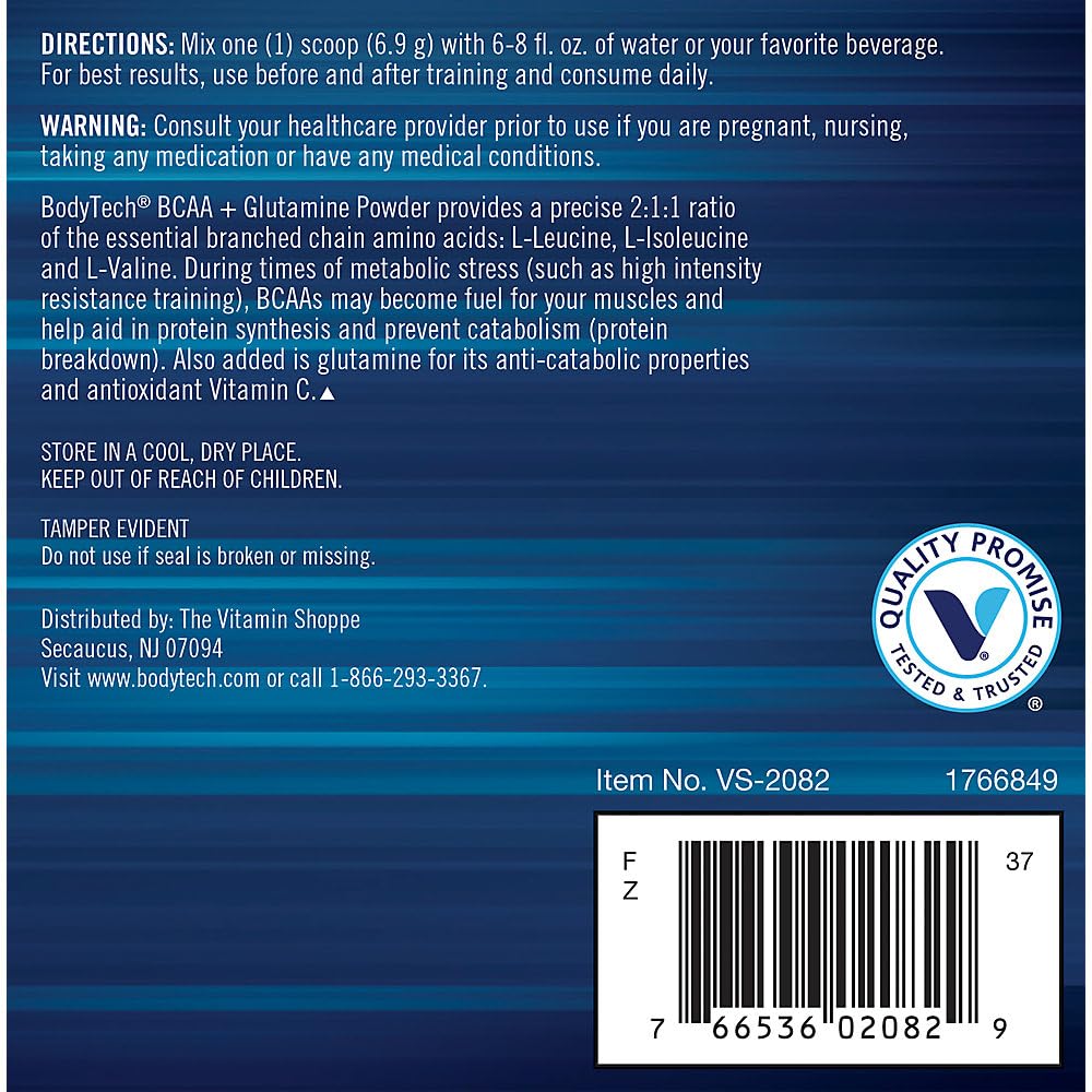 BodyTech BCAA + Glutamine container side view showing ingredients