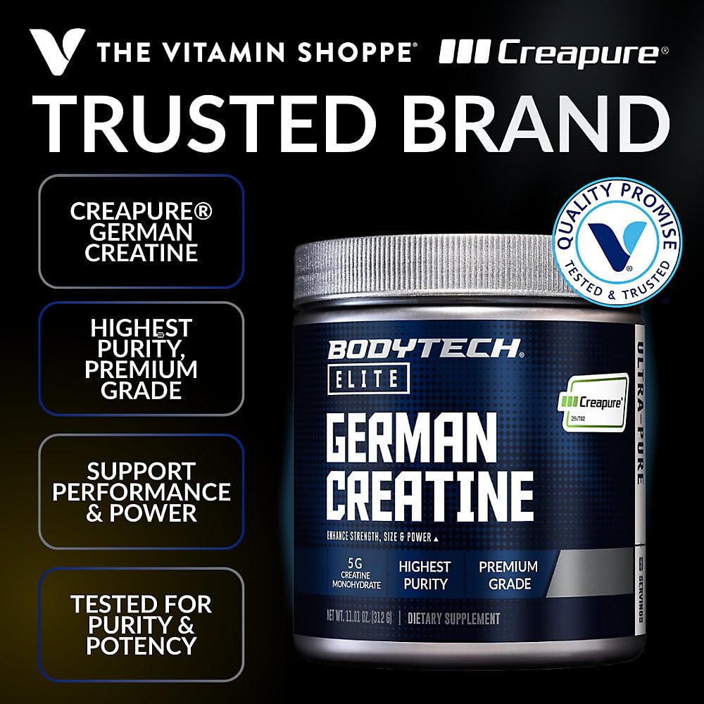 BodyTech Elite German Creatine Monohydrate powder scoop showing 5g serving