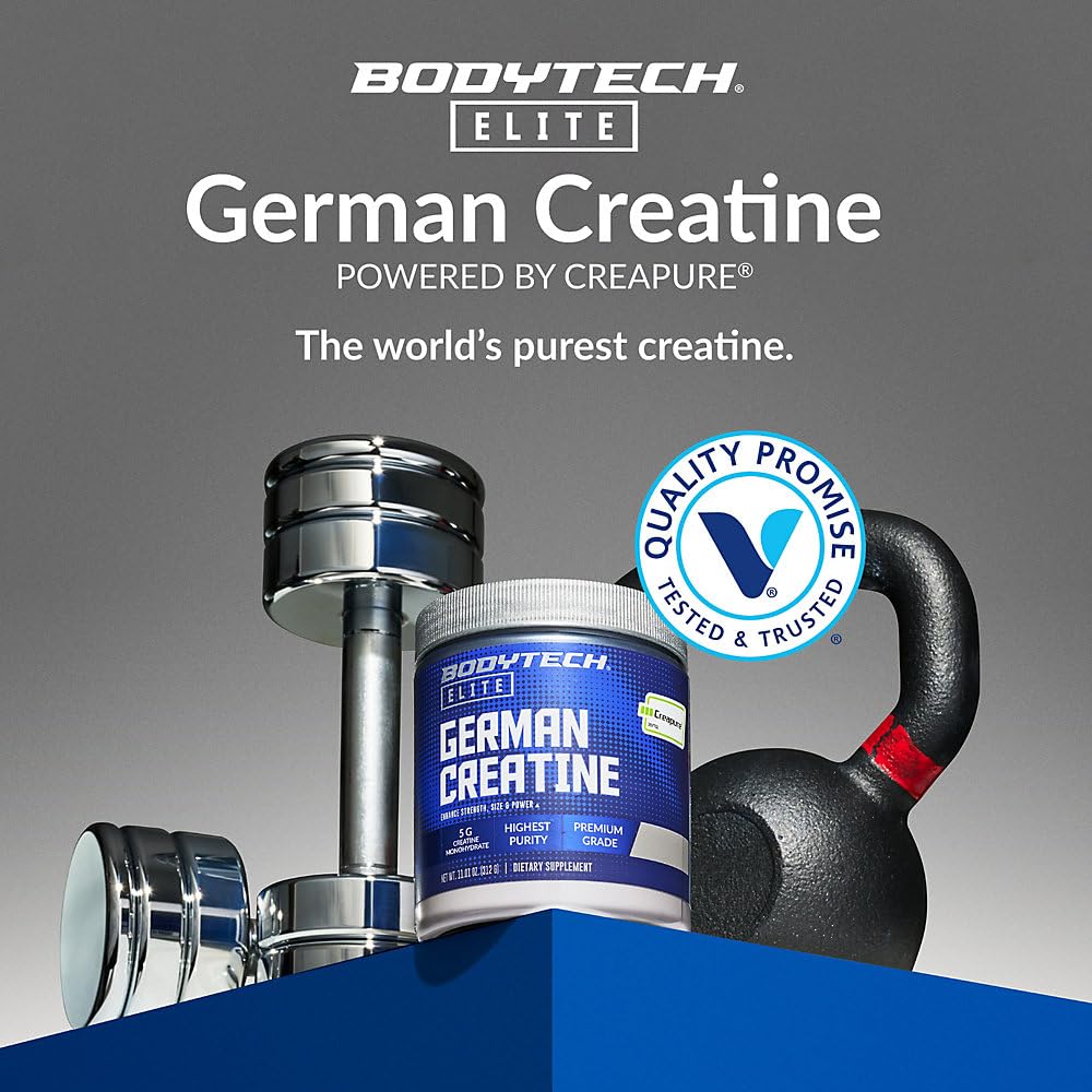 BodyTech Elite German Creatine Monohydrate powder with gym equipment