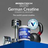 BodyTech Elite German Creatine Monohydrate powder with gym equipment