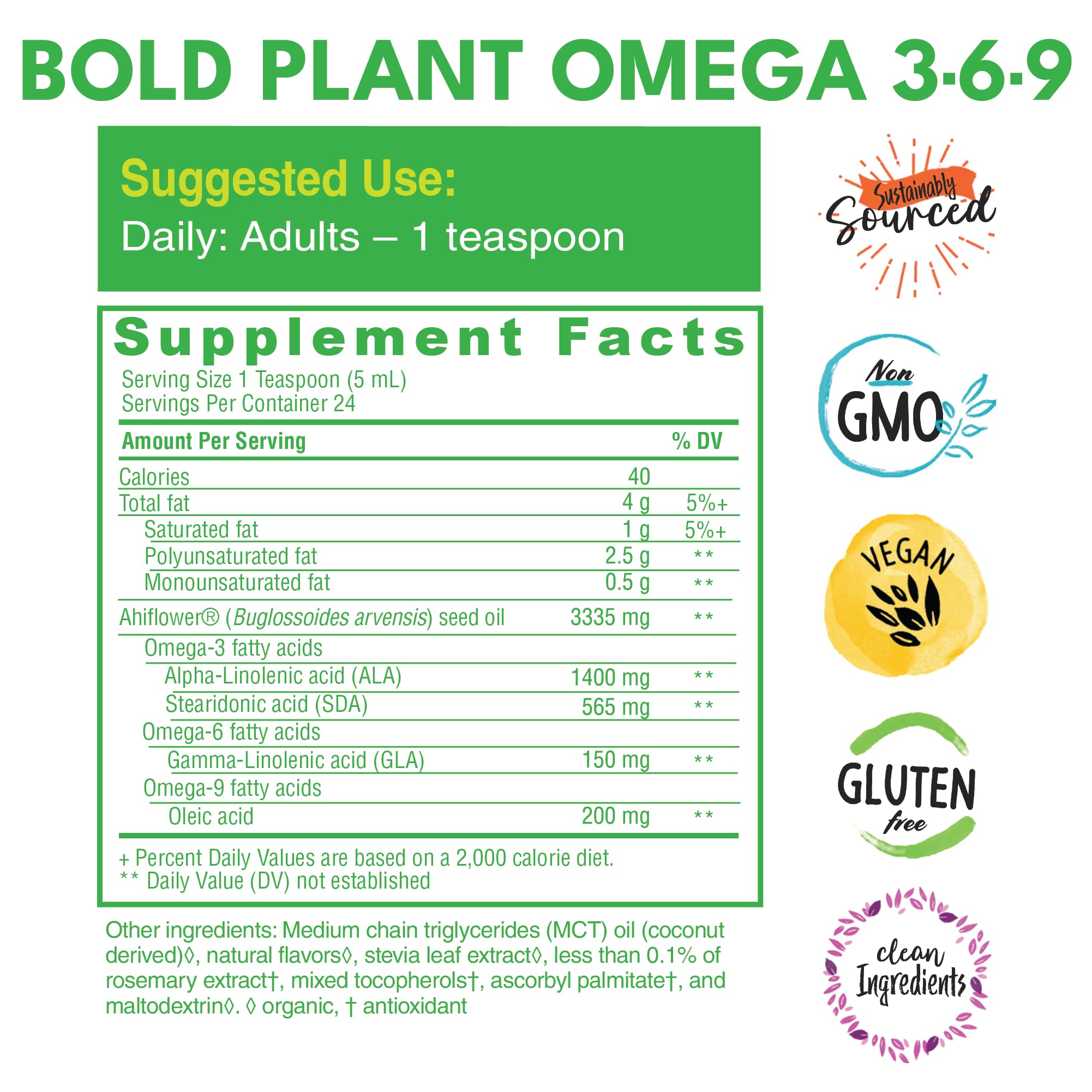 Bold Botanica Ahiflower Oil Omega-3 Supplement 231g with measuring spoon