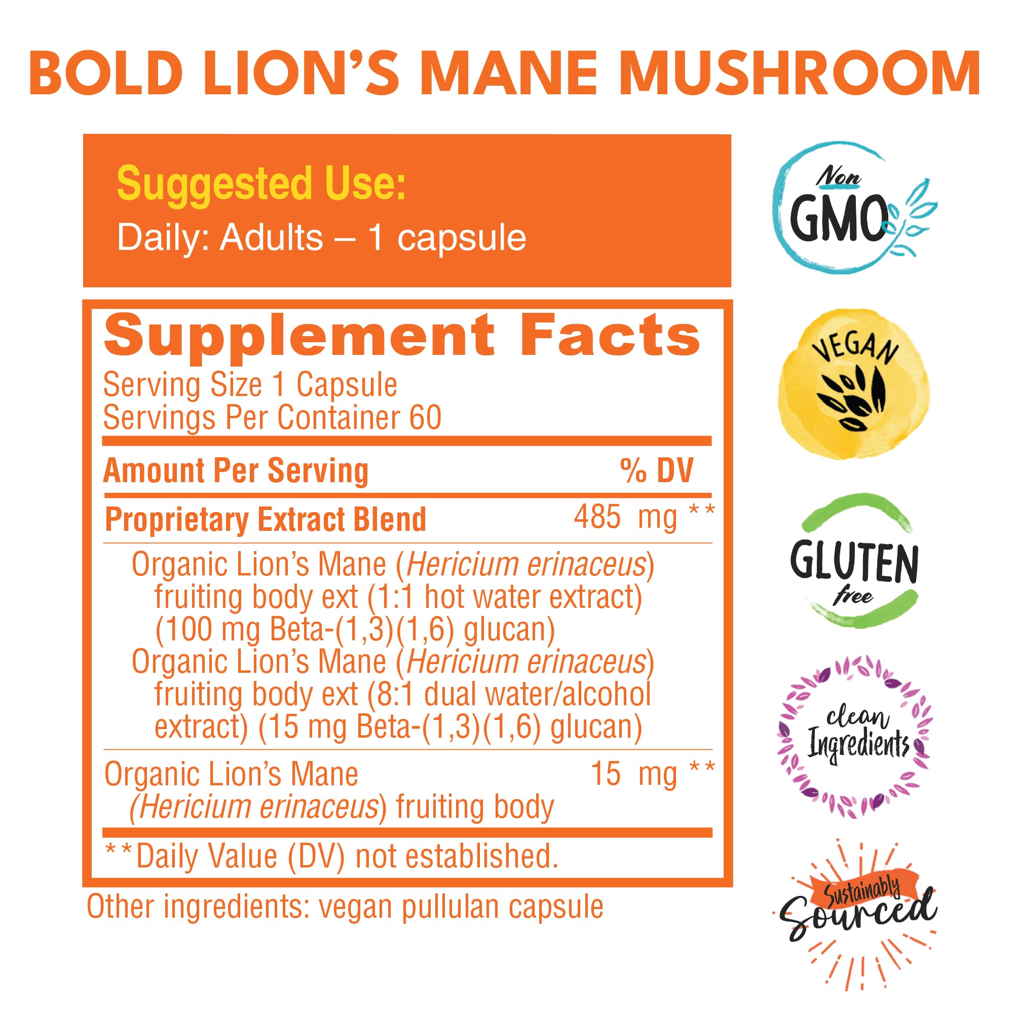 Bold Botanica Lion's Mane Mushroom Supplement side view with capsules