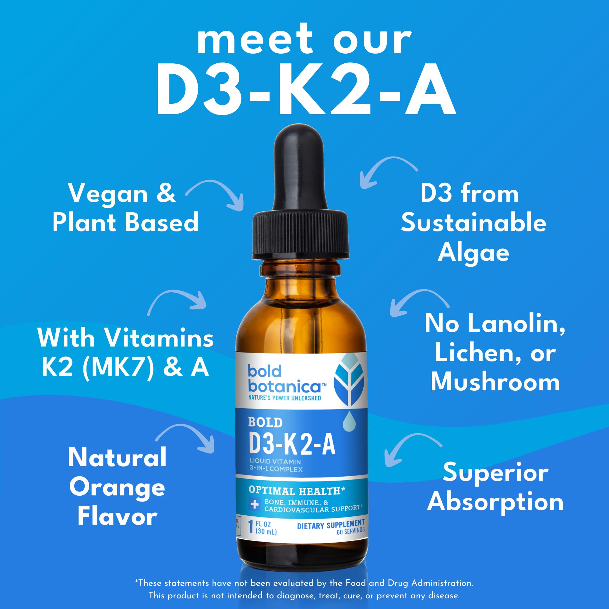 Bold Botanica Vegan Vitamin D3 K2 Drops 100ml bottle with dropper
