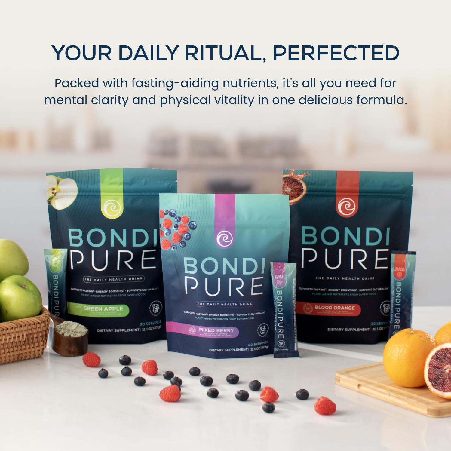 Bondi Pure Spirulina Supplement container on a kitchen counter