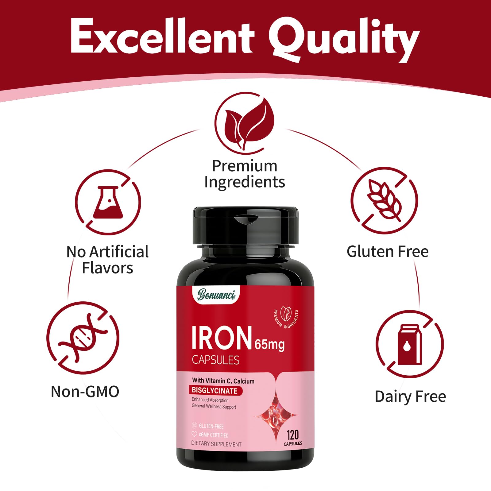 Bonuanci Iron Supplement 65mg capsules in hand