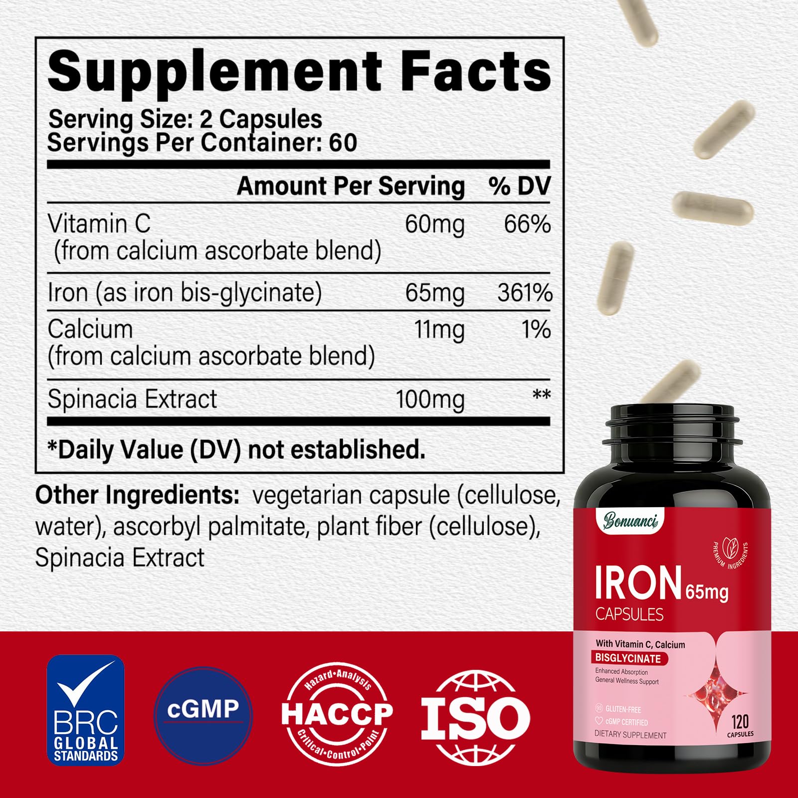 Bonuanci Iron Supplement 65mg side view of bottle
