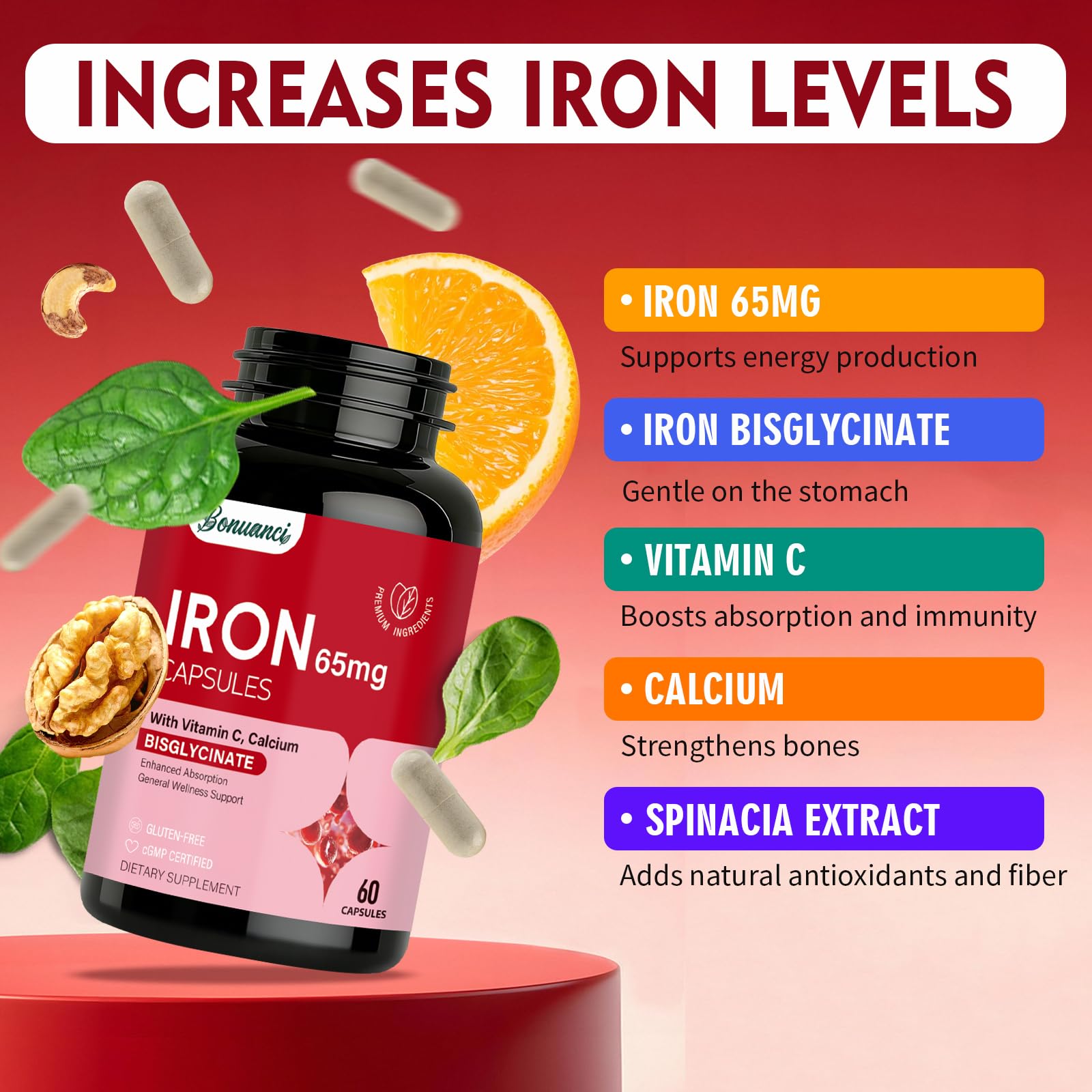 Bonuanci Iron Supplement 65mg side view of the bottle
