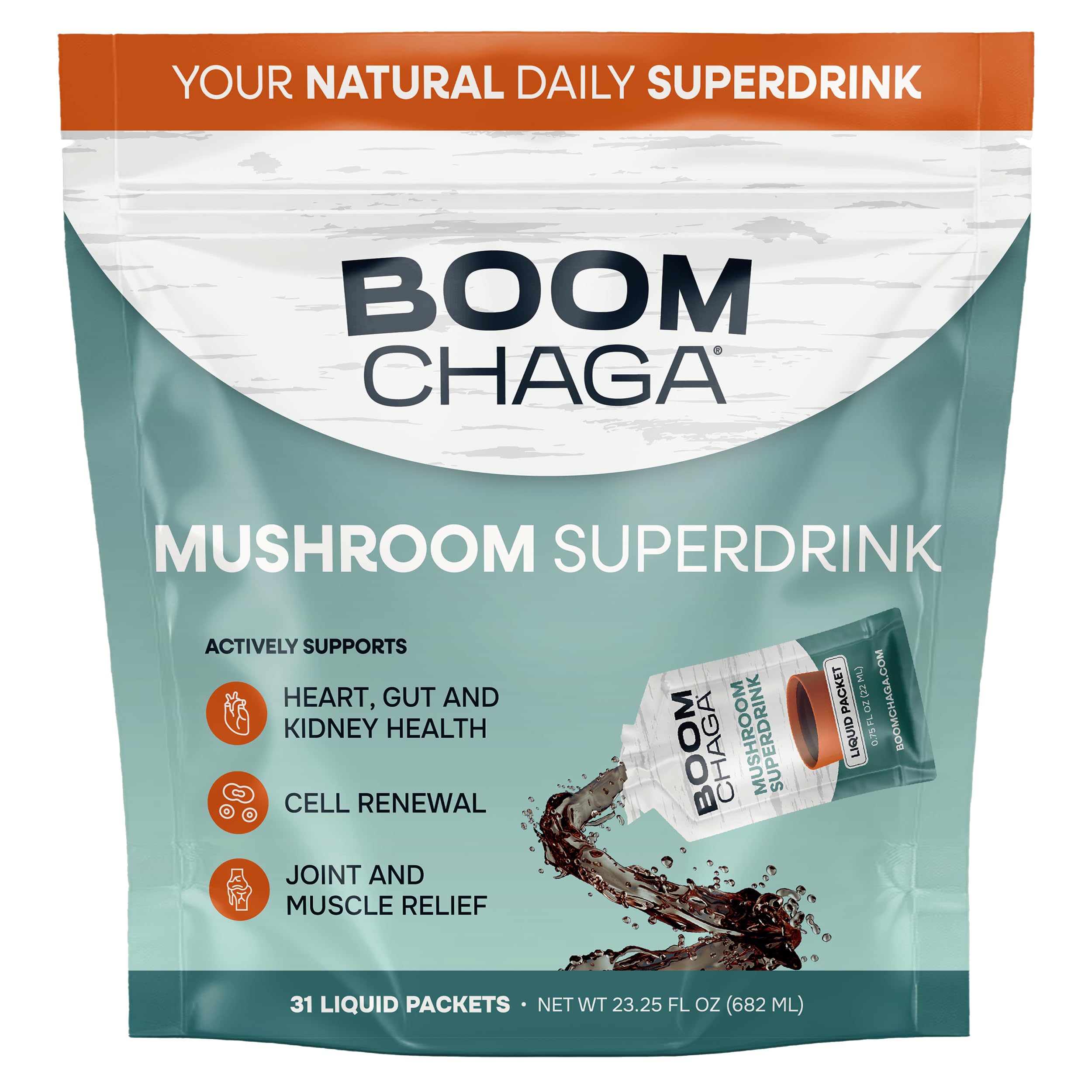 BOOM Chaga Chaga Mushroom Liquid Concentrate front view with packets