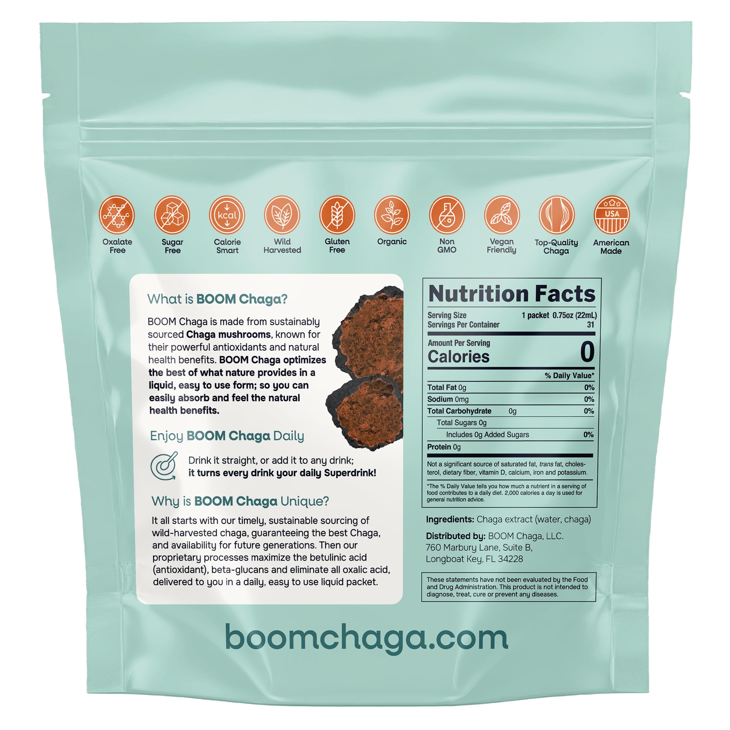 BOOM Chaga Chaga Mushroom Liquid Concentrate packaging side view