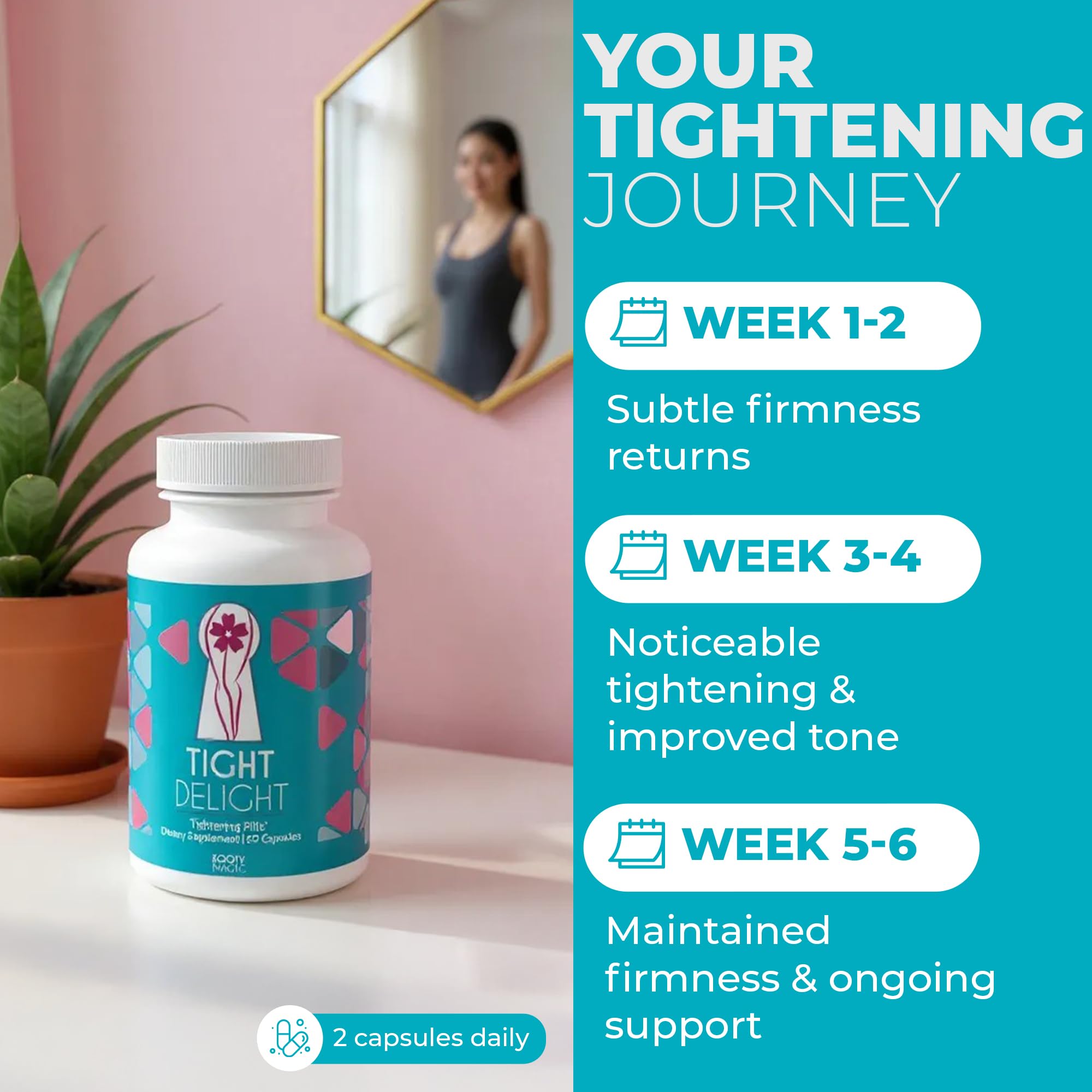 Booty Magic Feminine Wellness Capsules next to tightening gel