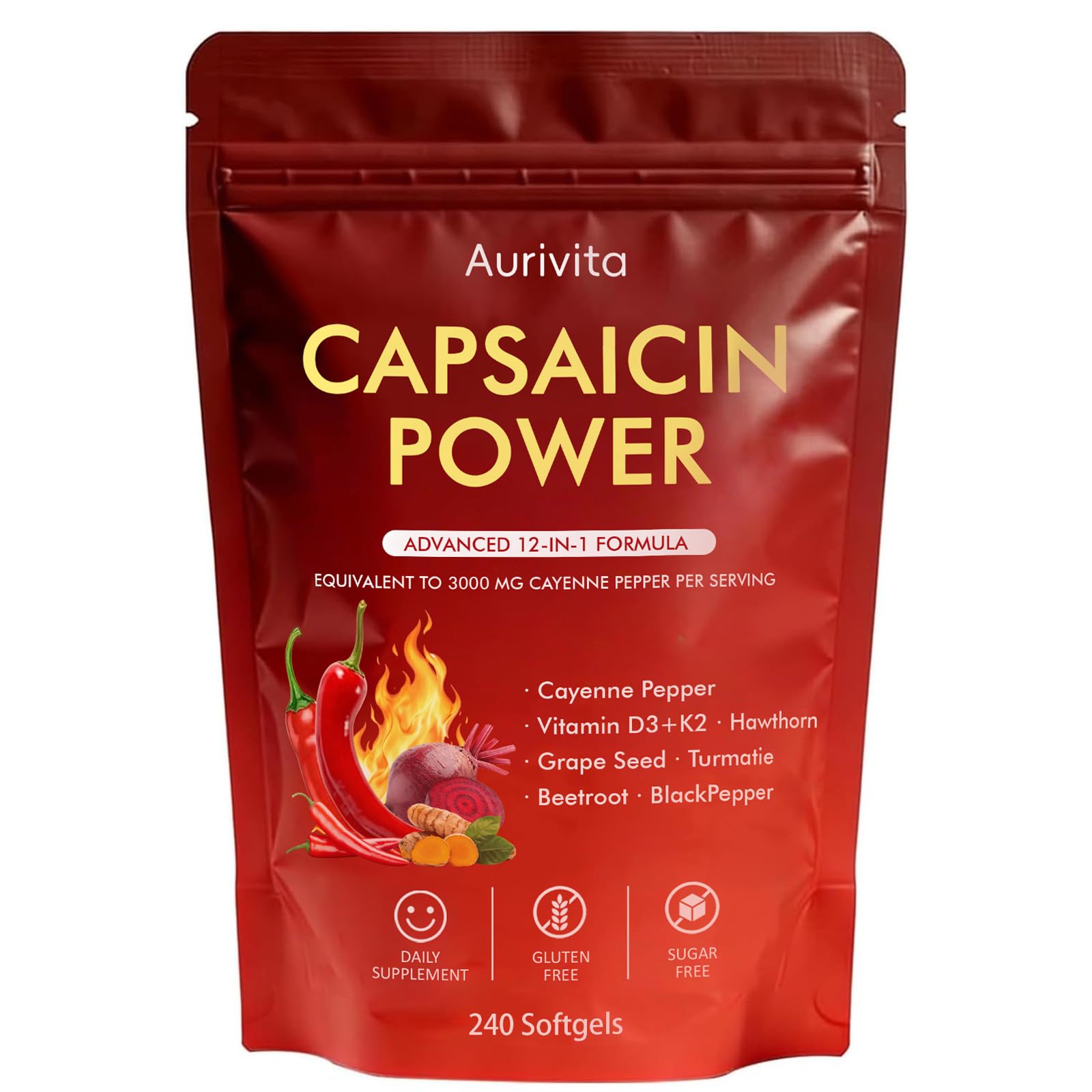 Boranel Aurivita Capsaicin Softgels front view with packaging