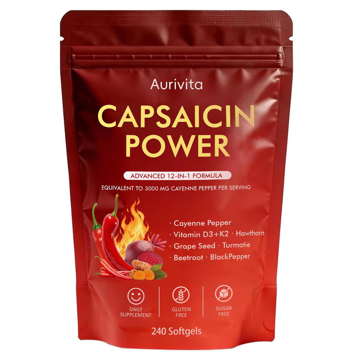 Boranel Aurivita Capsaicin Softgels front view with packaging