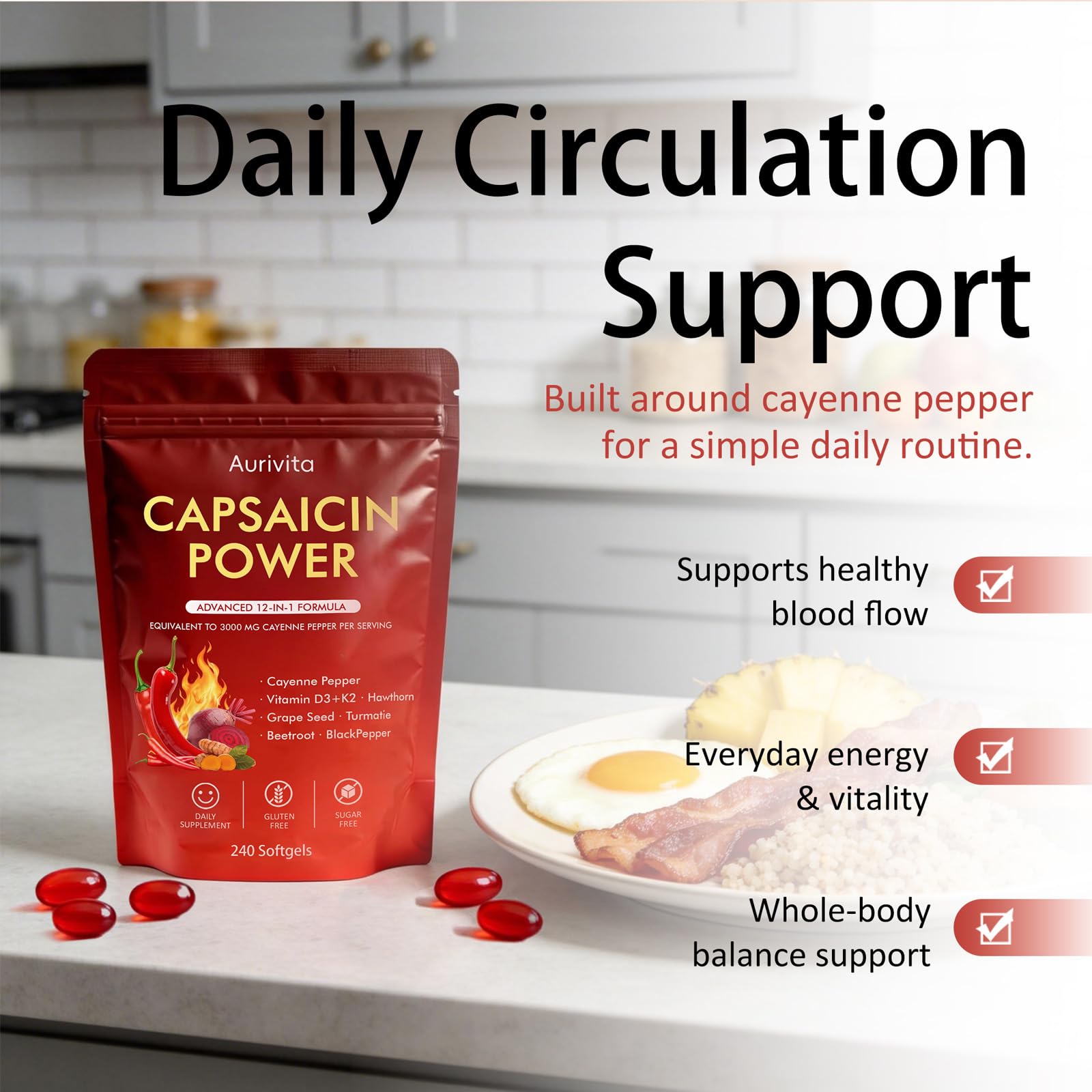 Boranel Aurivita Capsaicin Softgels with ingredients listed