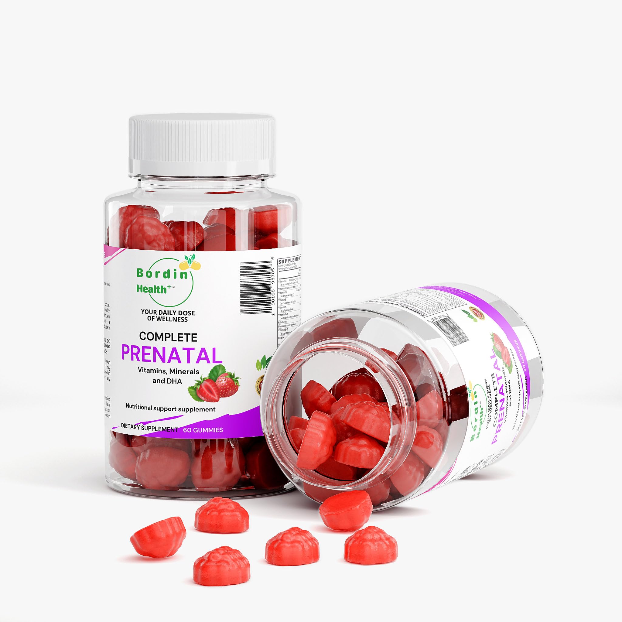Bordin Health Prenatal Gummies displayed with fresh ginger and chamomile