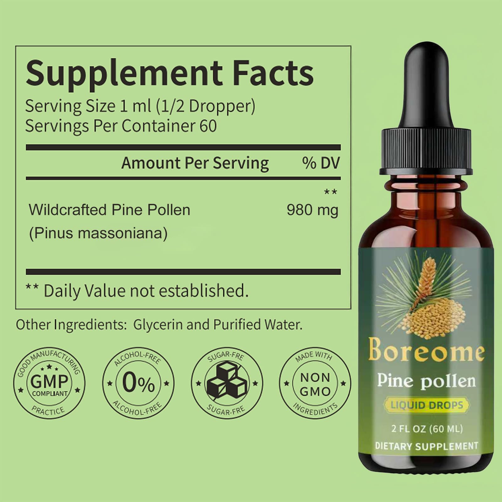 Boreome Pine Pollen Tincture bottle with dropper