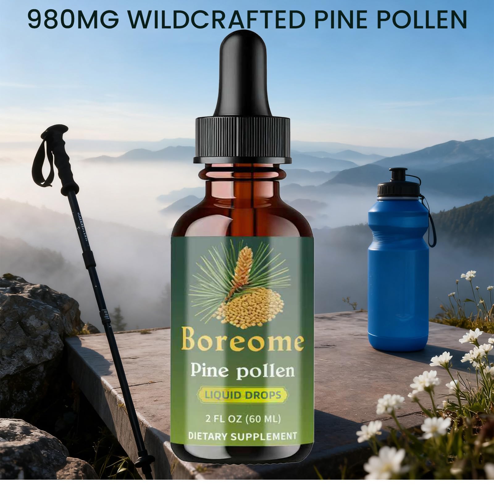 Boreome Pine Pollen Tincture on a wooden table