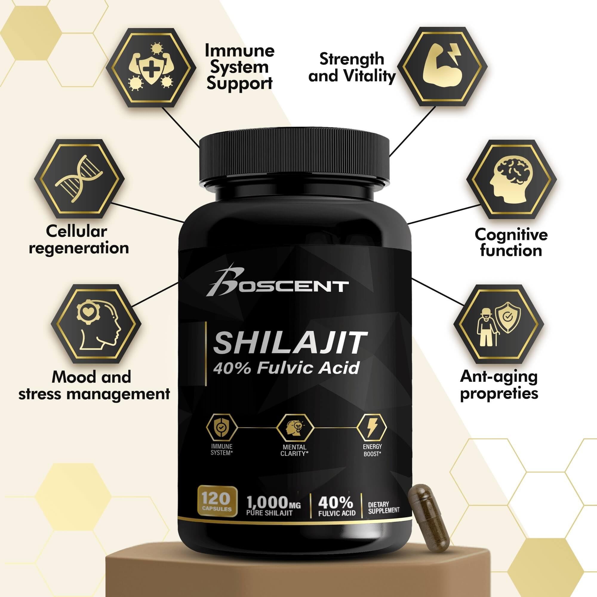 BOSCENT Shilajit Capsules showing nutritional information