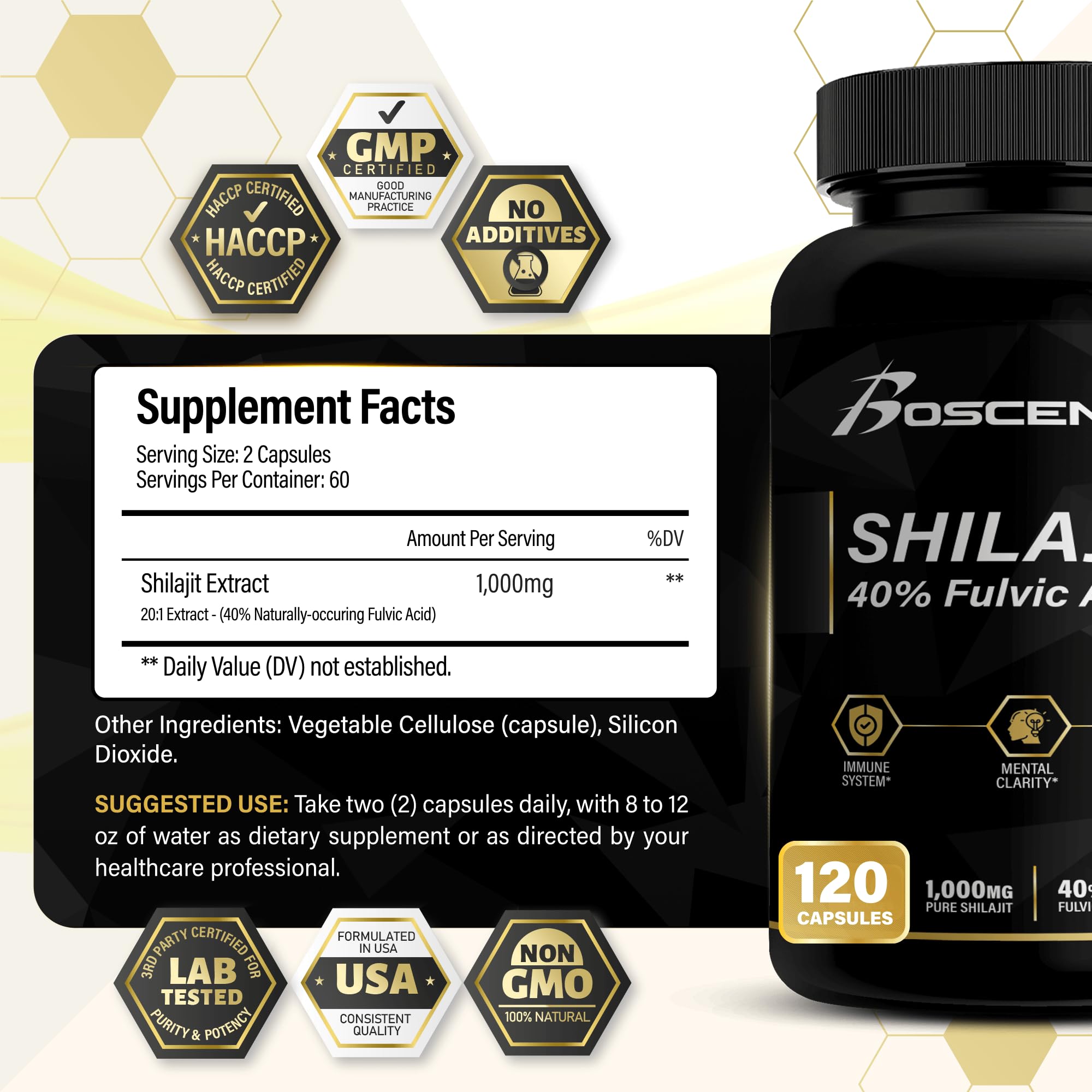 BOSCENT Shilajit Capsules side view showing capsule details