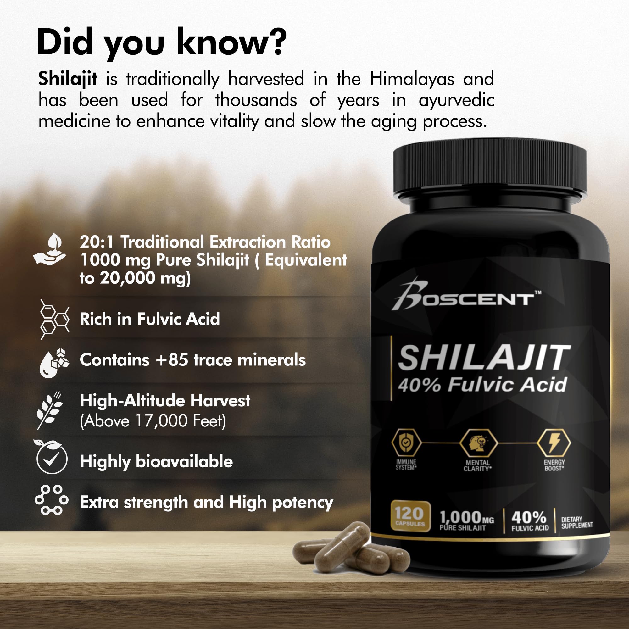 BOSCENT Shilajit Capsules with Himalayan backdrop