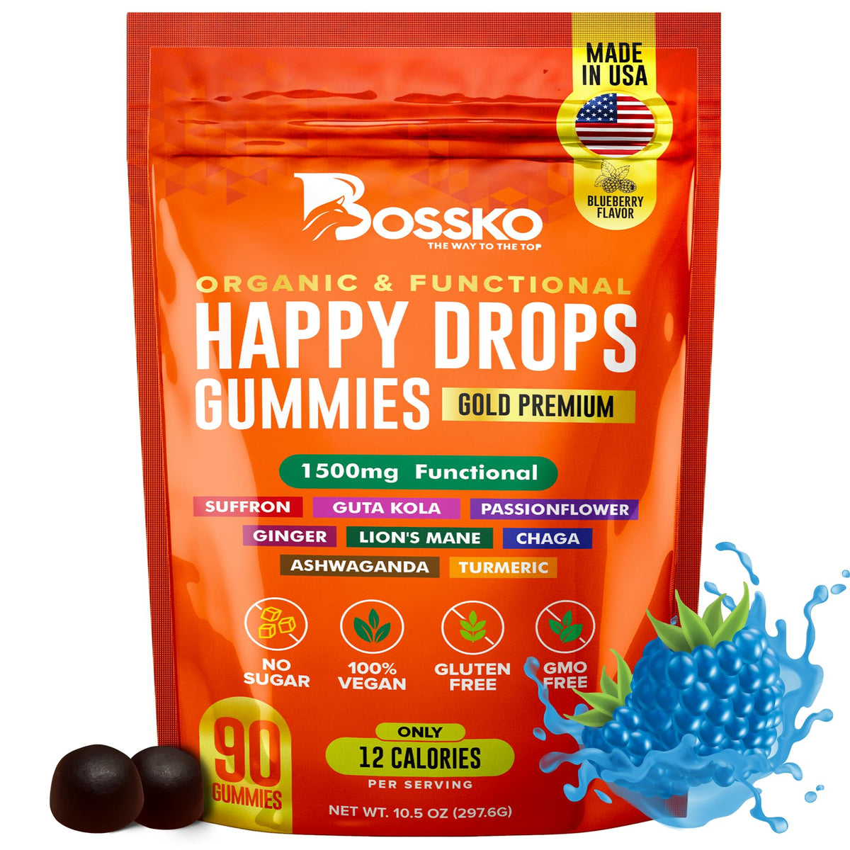 BOSSKO Ashwagandha Gummies 90 Count Blueberry flavour front view