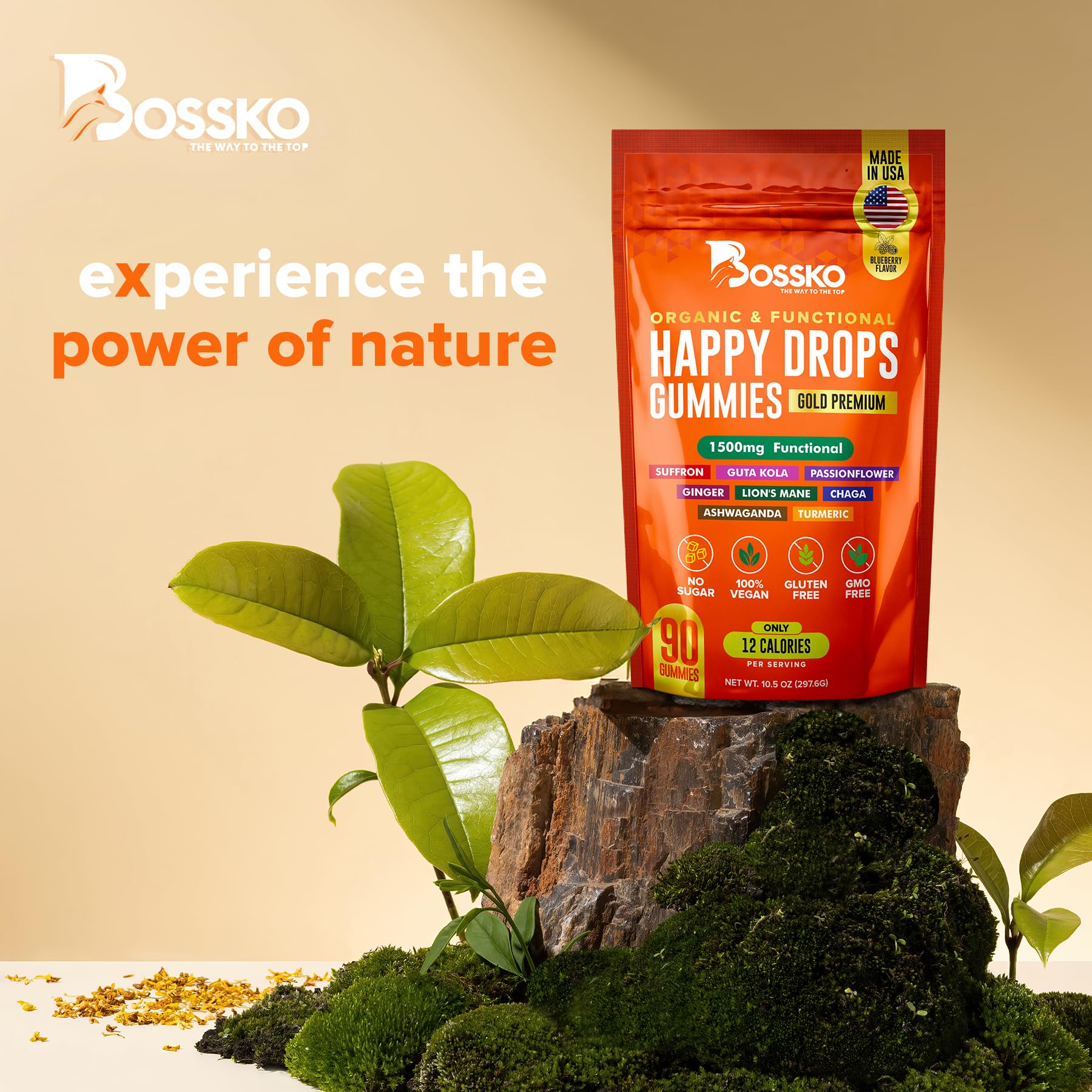 BOSSKO Ashwagandha Gummies lifestyle scene with fresh blueberries