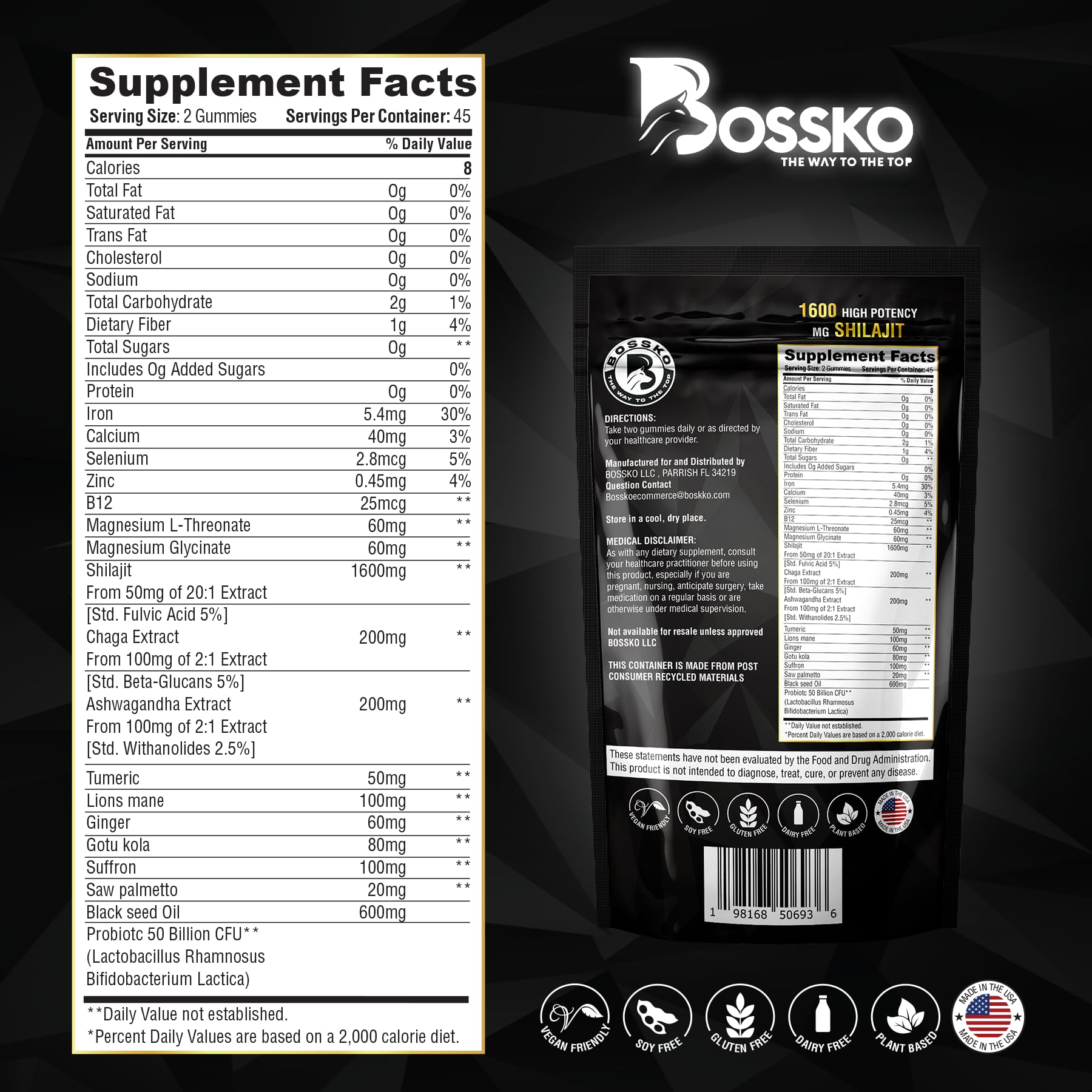 BOSSKO Shilajit Gummies side view showing ingredients