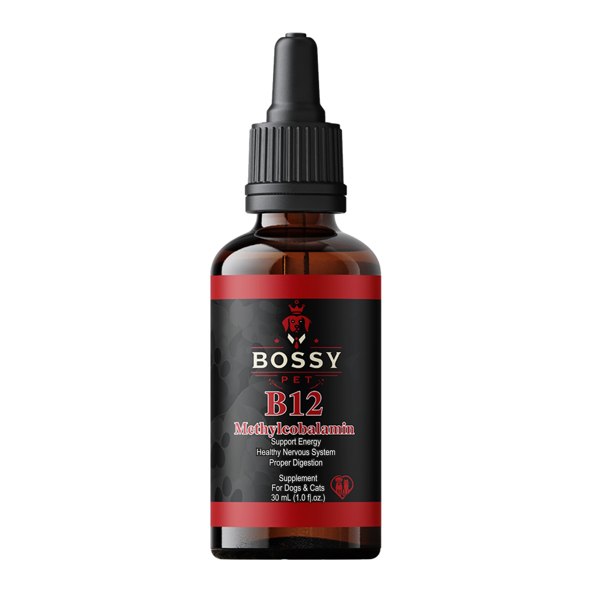 Bossy Pet Liquid B12 Supplement front view with dropper