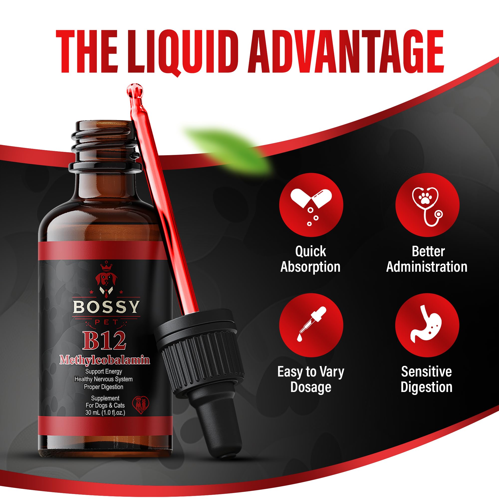 Bossy Pet Liquid B12 Supplement with a happy dog
