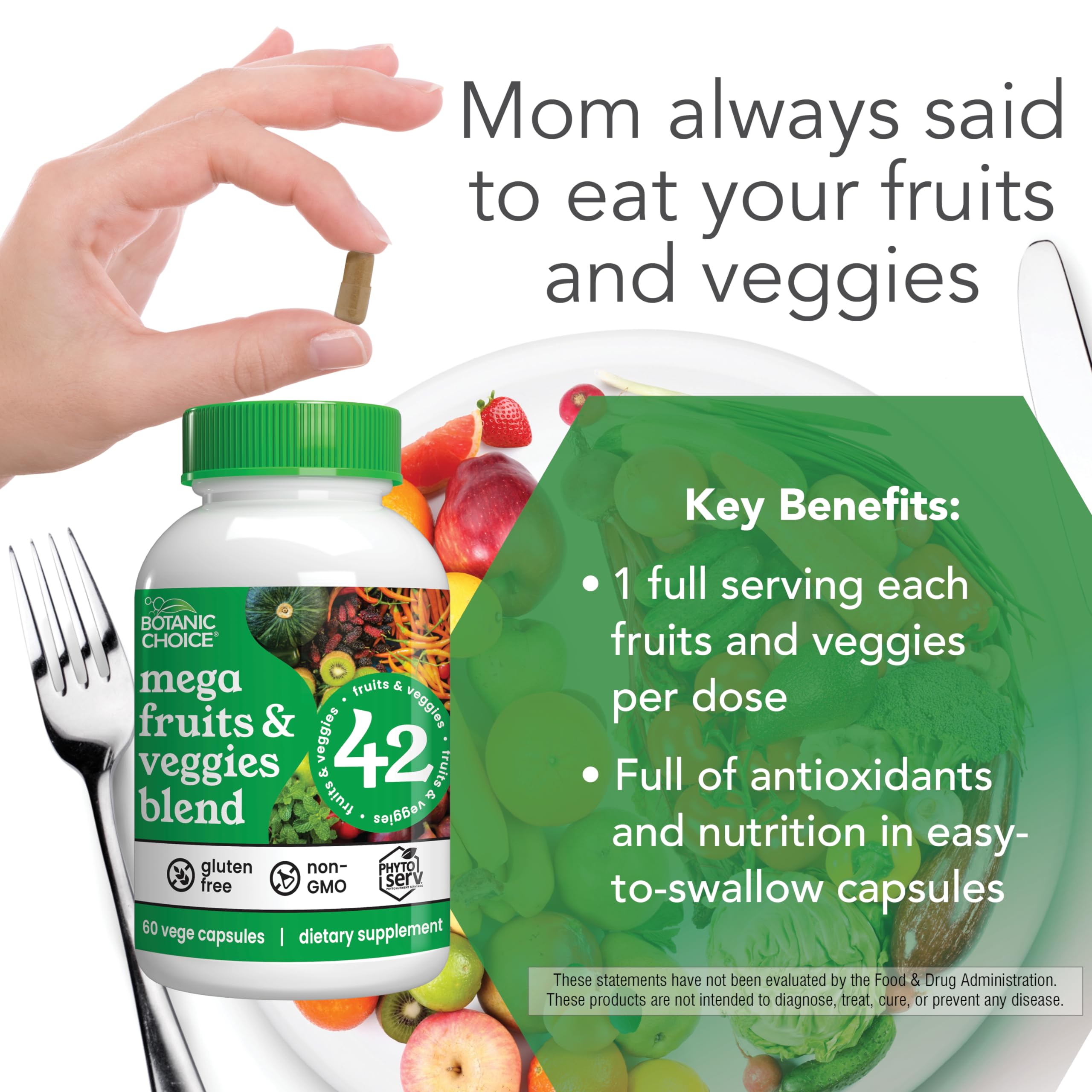 Botanic Choice Fruit & Vegetable Supplement capsules on a wooden surface