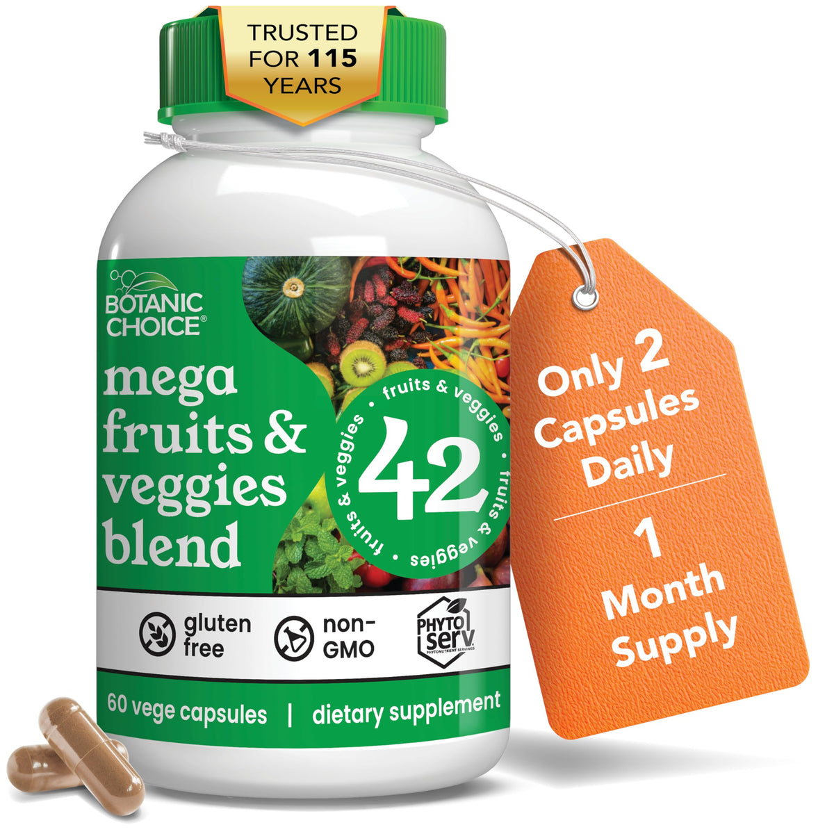 Botanic Choice Fruit & Vegetable Supplement front view with 42 capsules