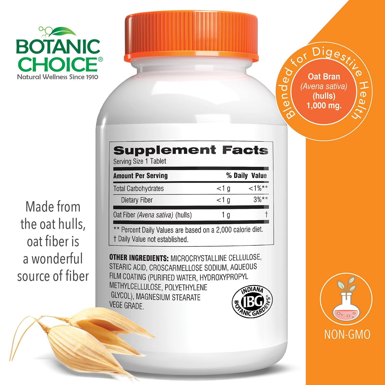 Botanic Choice Oat Fiber Supplement 1000mg side view with label