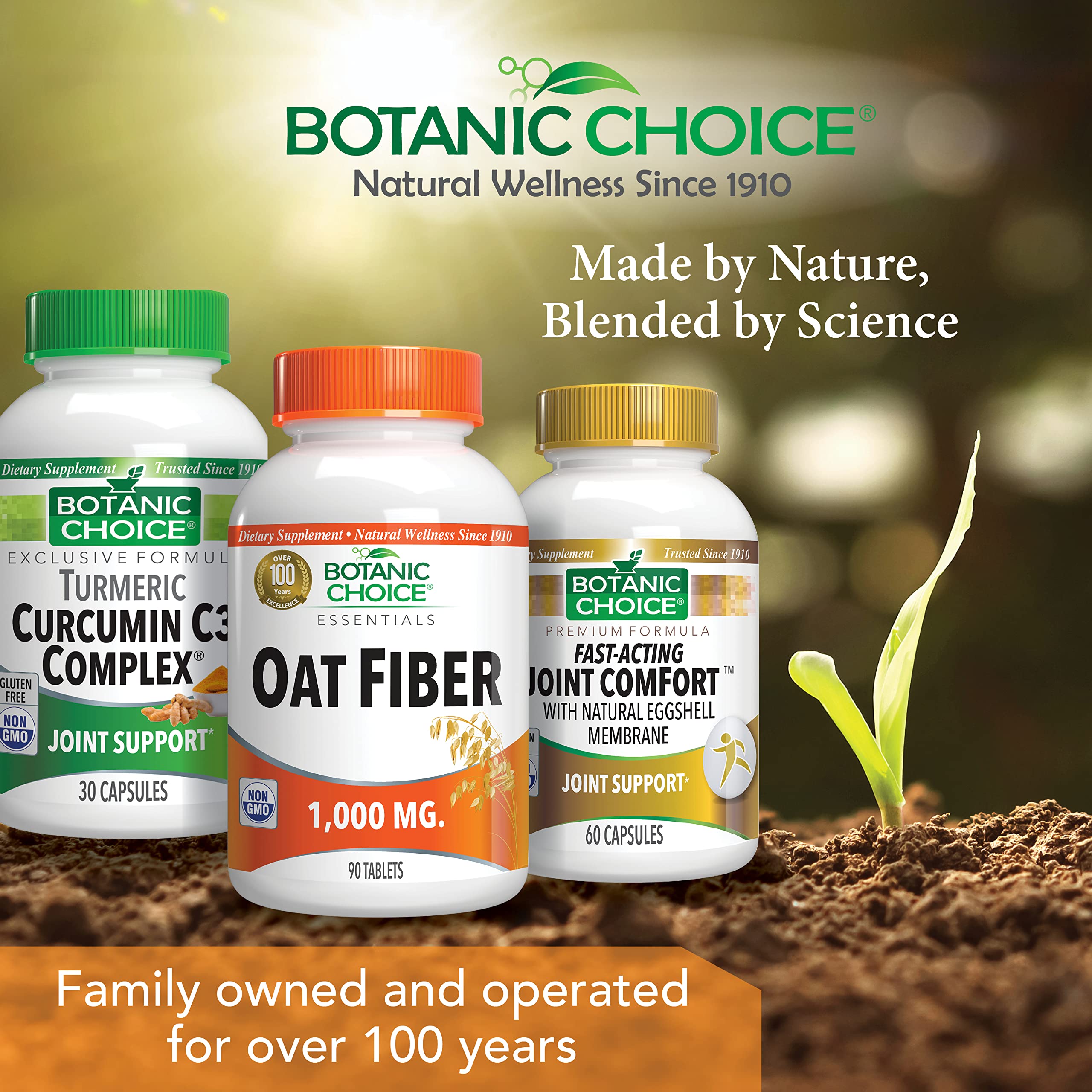 Botanic Choice Oat Fiber Supplement 1000mg tablets on a wooden table