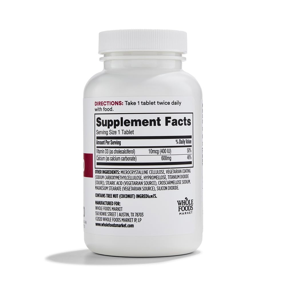 Bottle of 365 by Whole Foods Market Calcium with Vitamin D3 showing label