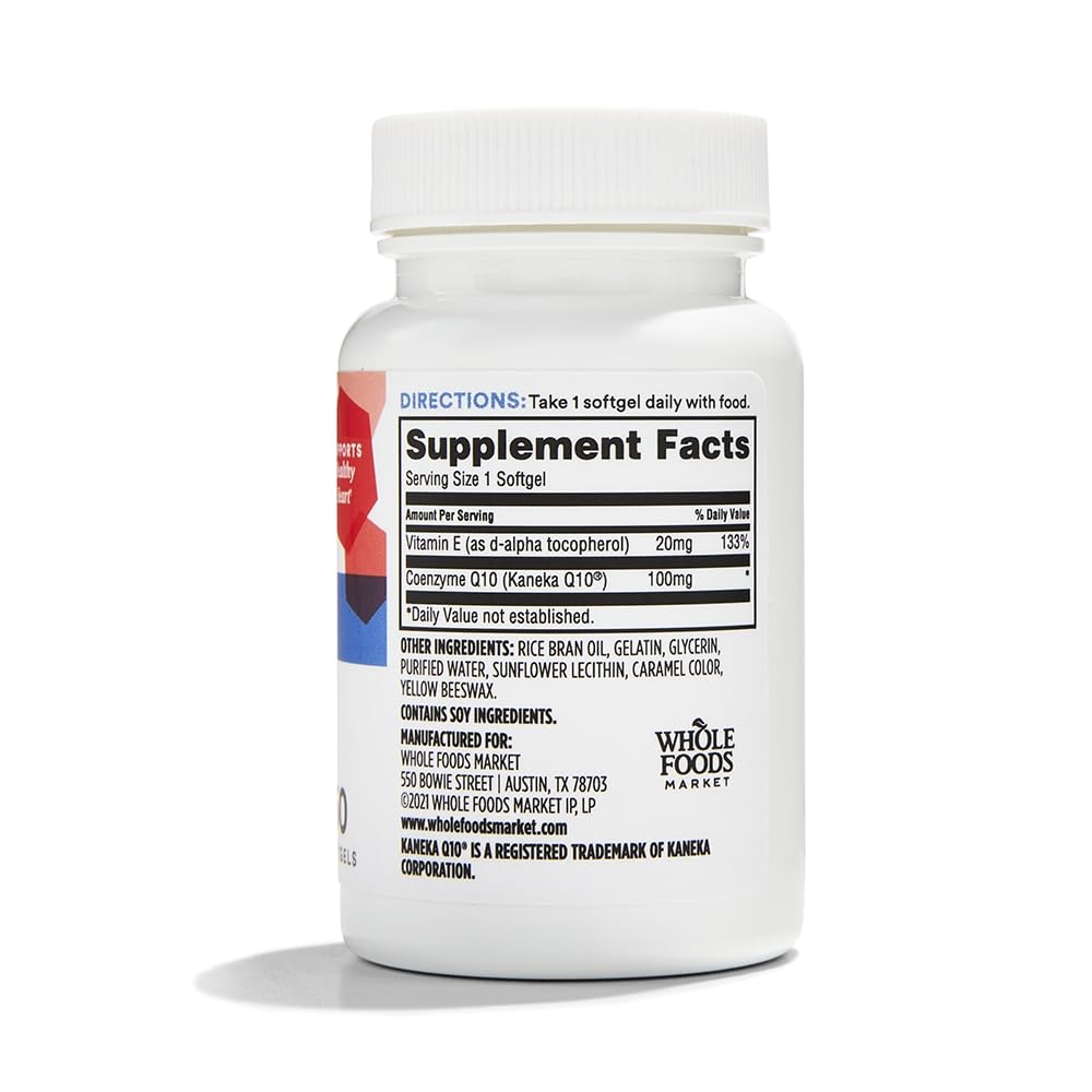 Bottle of 365 by Whole Foods Market CoQ10 100mg capsules side view