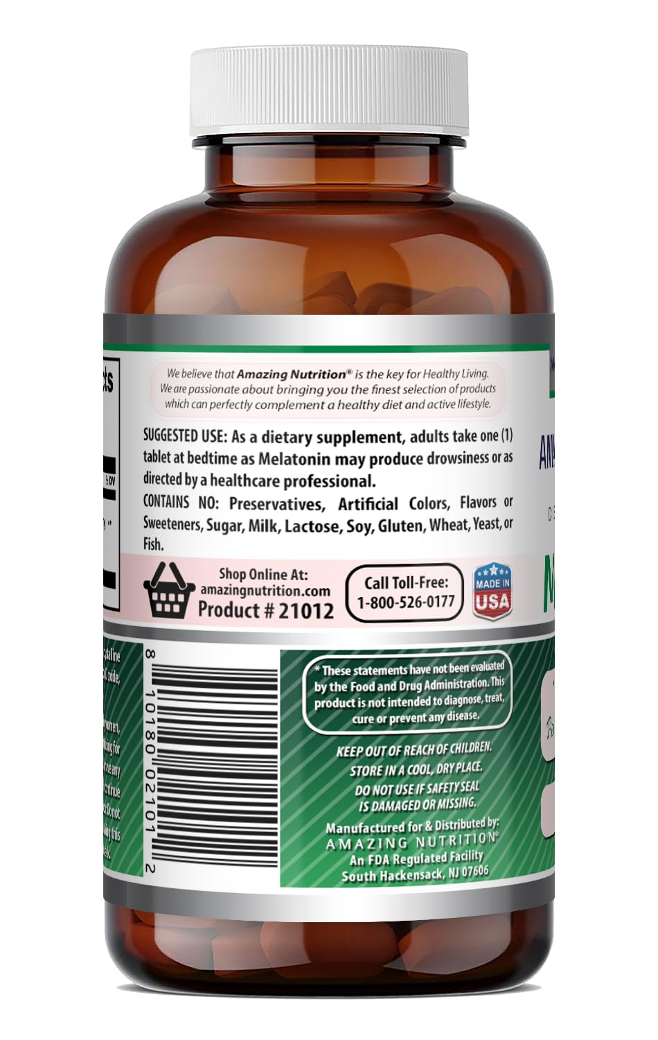 Bottle of Amazing Nutrition Melatonin 10mg Supplement with label