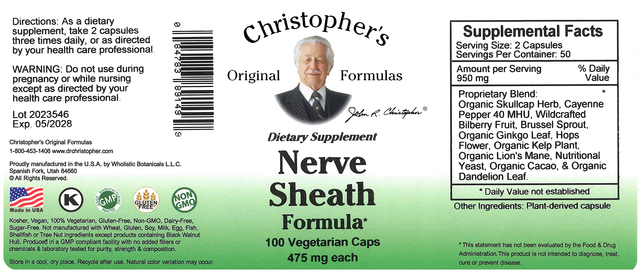 Bottle of Christopher's Nerve Sheath Formula showing capsule details