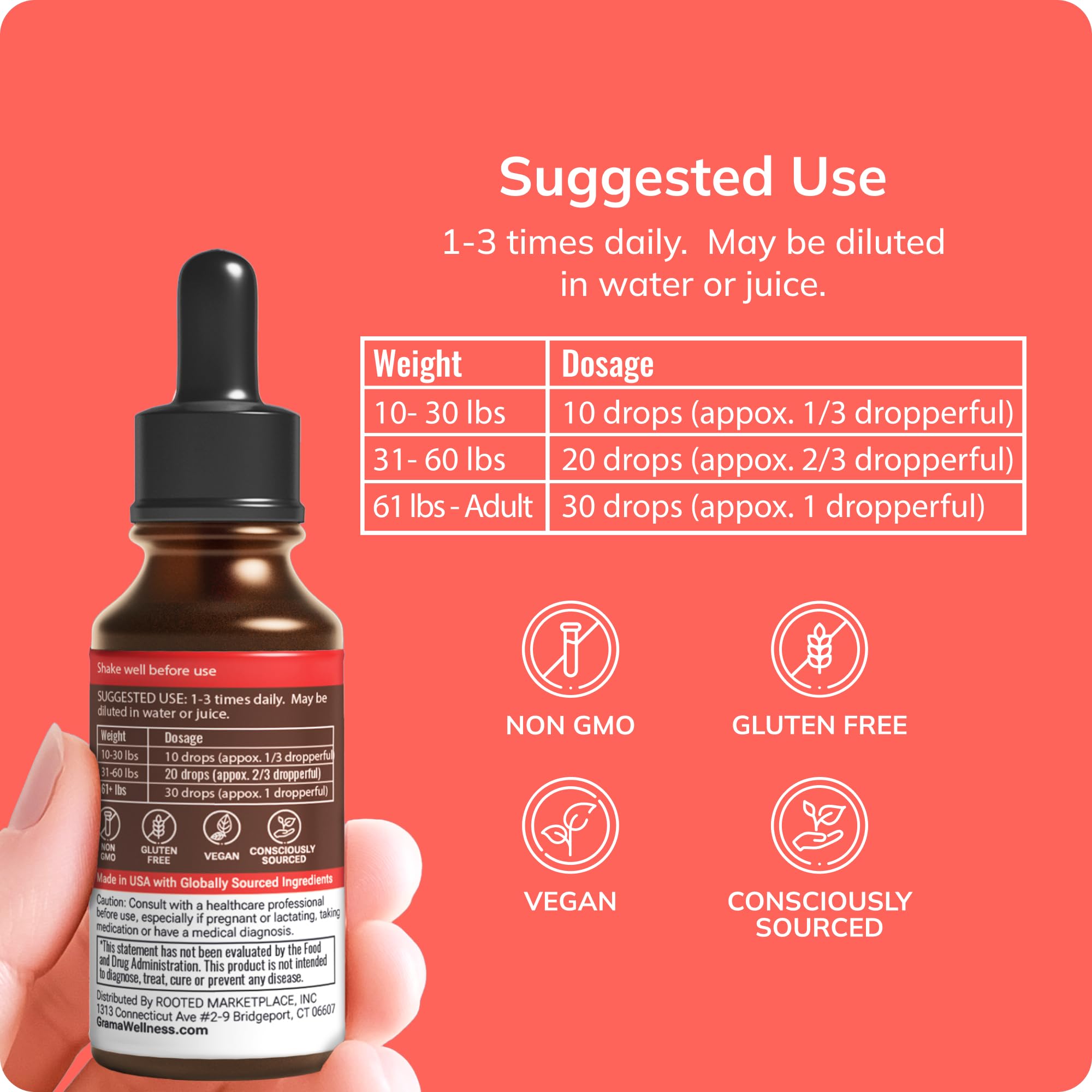 Bottle of Grama Organic Kids Focus Drops with natural herbs in background