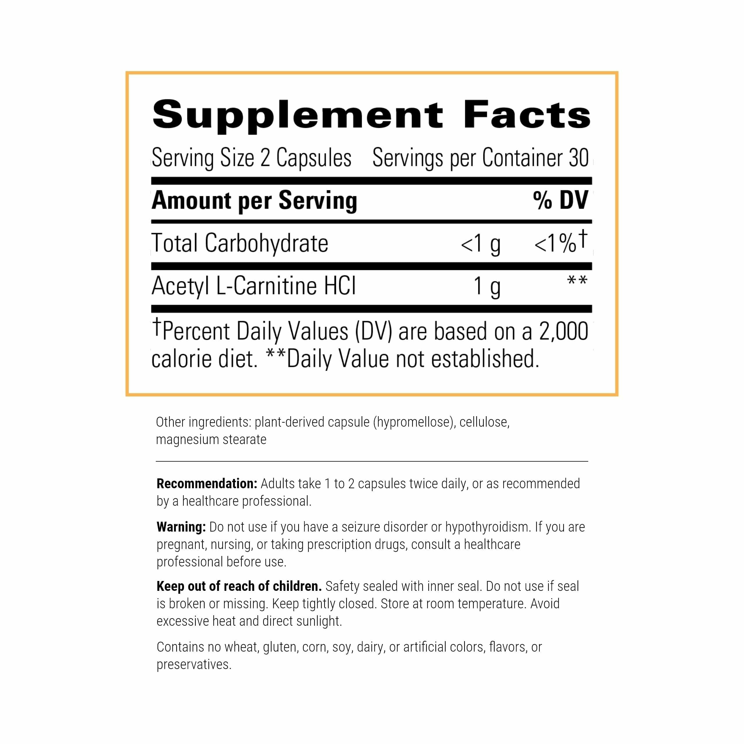 Bottle of Integrative Therapeutics Acetyl L-Carnitine capsules with label