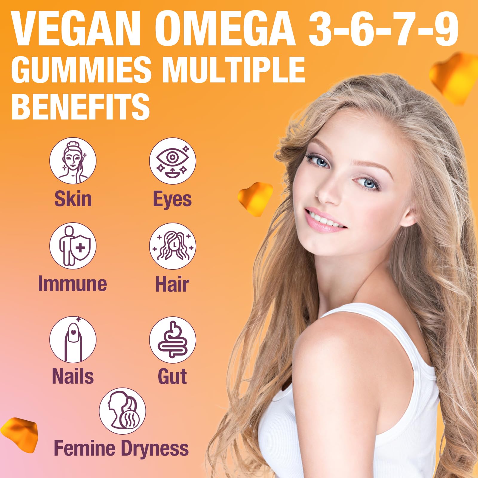 Bottle of Marafiki Vegan Omega 3-6-7-9 Gummies on a white background